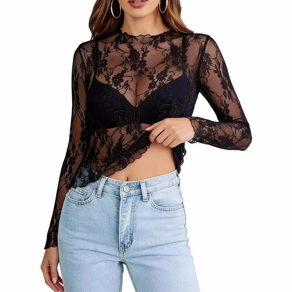 Damski seksowny top z przezroczystej siatki, koronkowa koszulka z długim rękawem, szykowny i elegancki kwiatowy top z siatki, tiulowa koszula na imprezę klubową