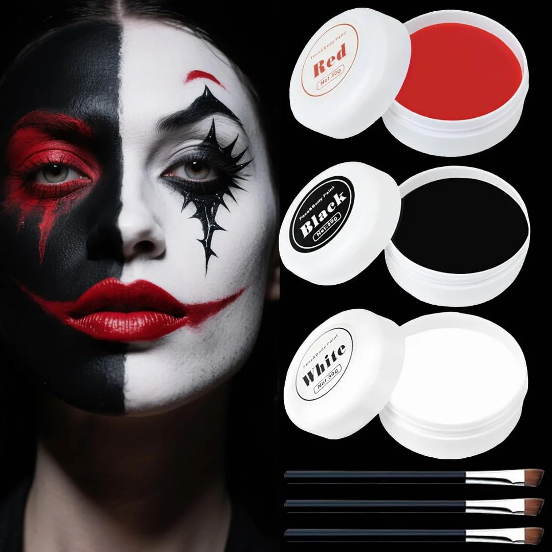 Halloweenowa czarna biała czerwona farba do twarzy, 150 g biały czarny czerwony makijaż na Halloween, malowanie ciała wodoodporny na randkę, karnawał imprezy cosplay klaun efekty specjalne imprezy