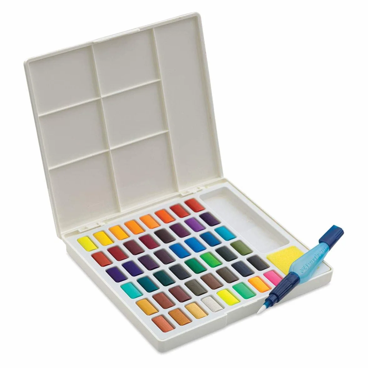 FABER-CASTELL 169748 – farby akwarelowe w kostkach, z paletą do mieszania i pędzlem z zbiornikiem na wodę, zestaw 48 sztuk