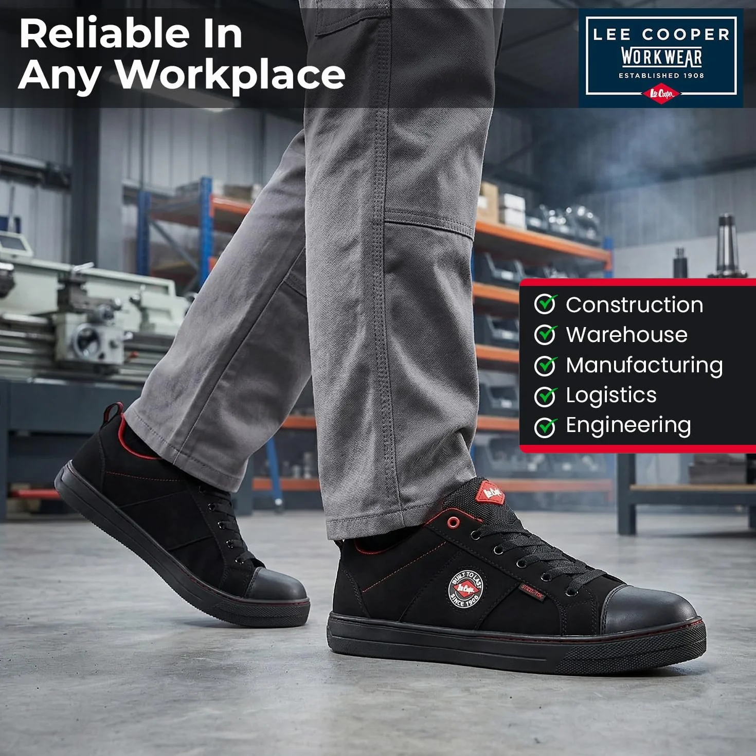 Lee Cooper ‎LCSHOE054 Unisexowe obuwie ochronne robocze SB/SRA w stylu retro baseball nowoczesny design buty robocze BHP, Czarny, 43 EU