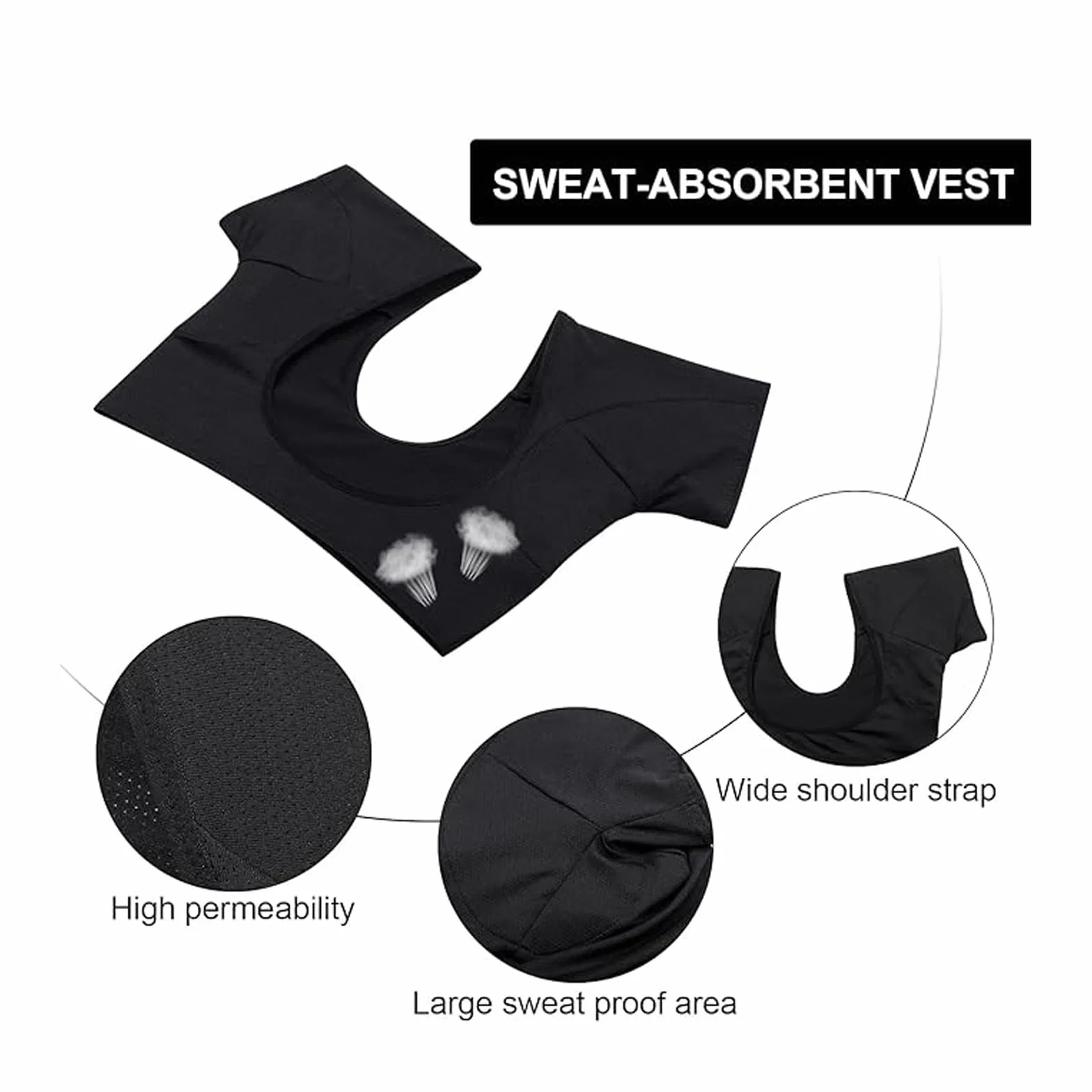 Kamizelka Dresowa Pod Pachami, Bluza Pochłaniająca Pot z Krótkim Rękawem Design Zmywalna Kamizelka Dresowa Pod Pachami dla Kobiet (Czarny)