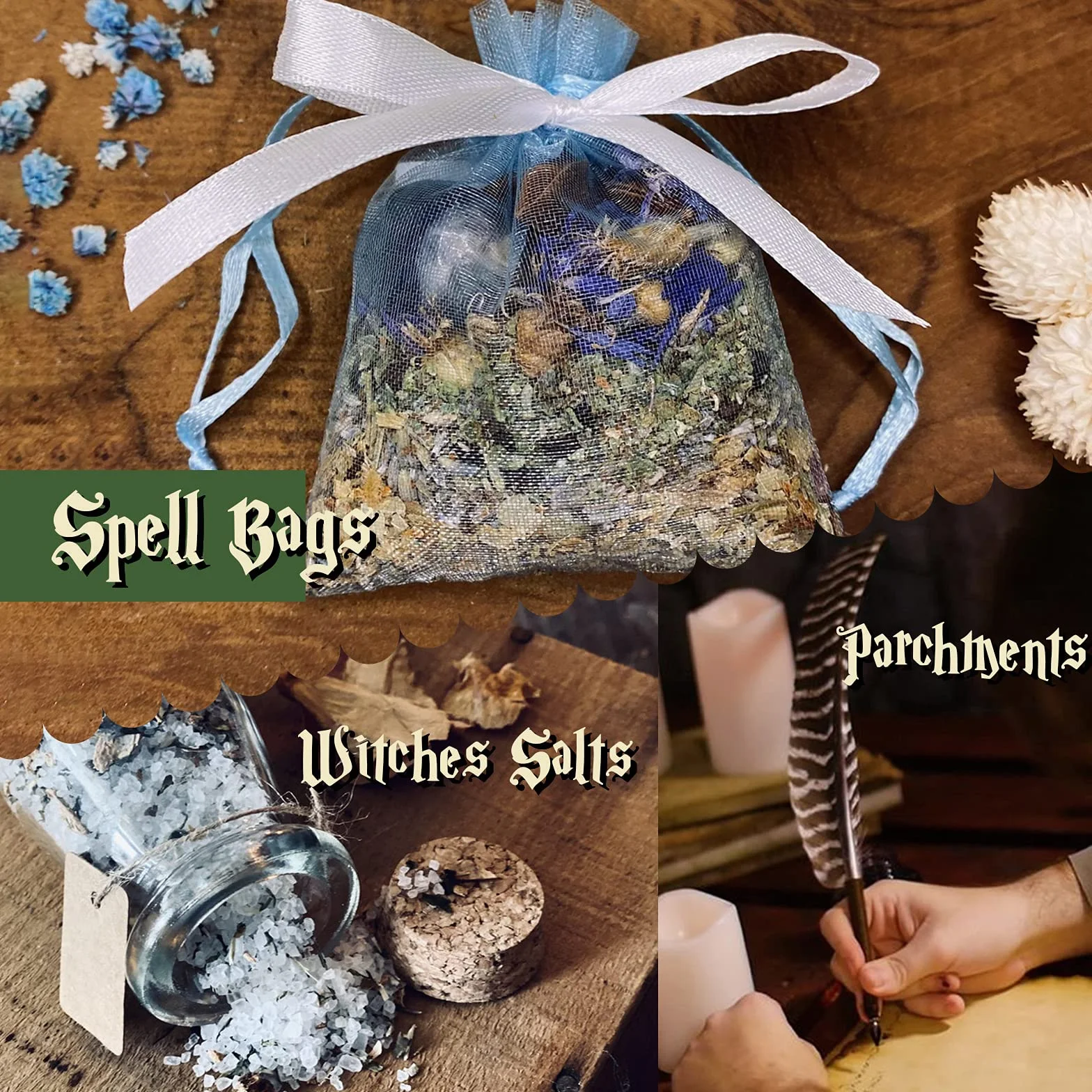 Hexenbastel-Starter-Set, Hexenzubehör für Wicca-Altar- 63 Stück Kristalle, getrocknete Kräuter, farbige Zauberkerzen, Charmtüten und Ritual Hexensalz für Zaubersprüche, Babyhexen