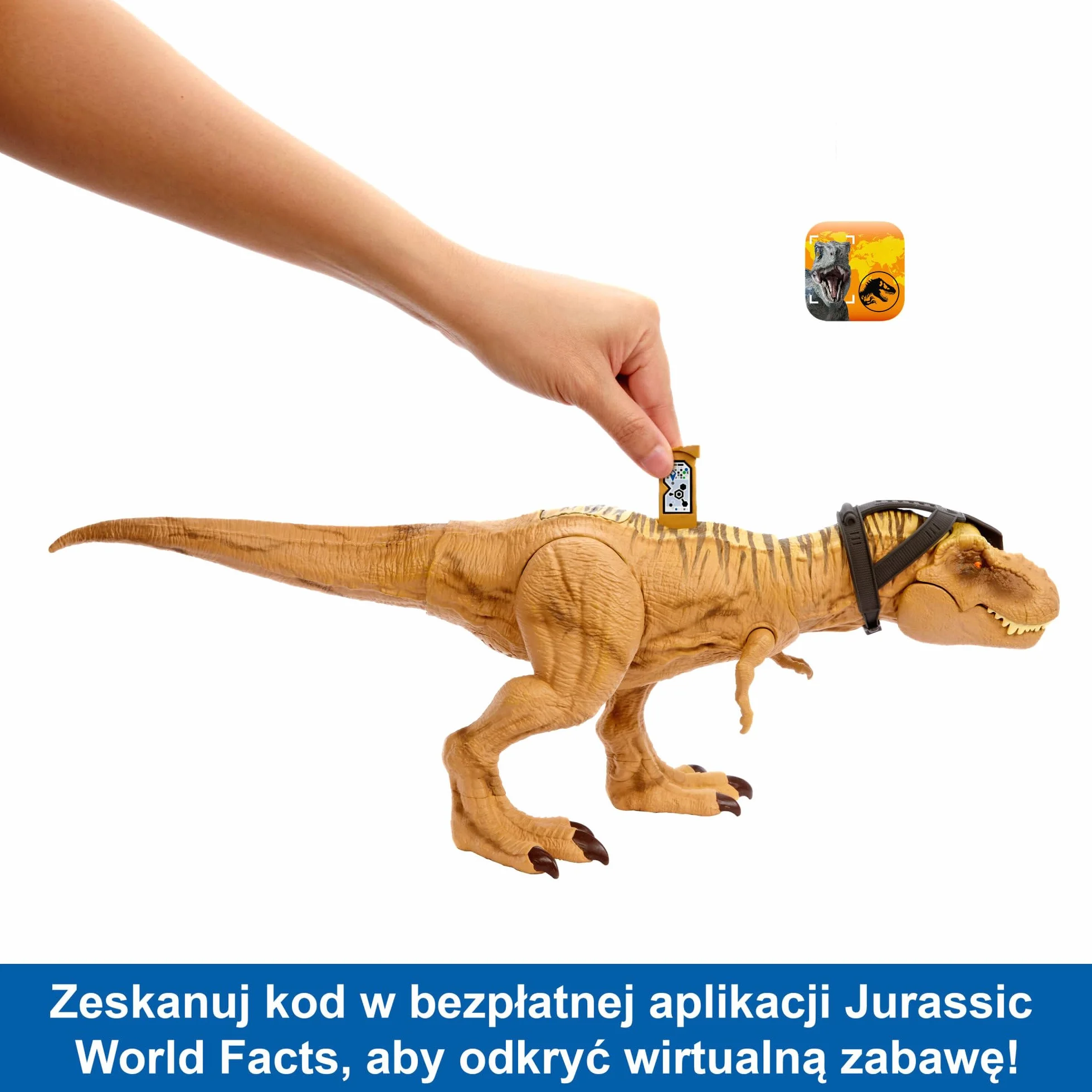 Mattel Jurassic World T-Rex Polowanie i atak Figurka dinozaura z dźwiękami, funkcją polowania i ataku oraz sprzętem tropiącym, dodatkowo zabawa wirtualna. HNT62