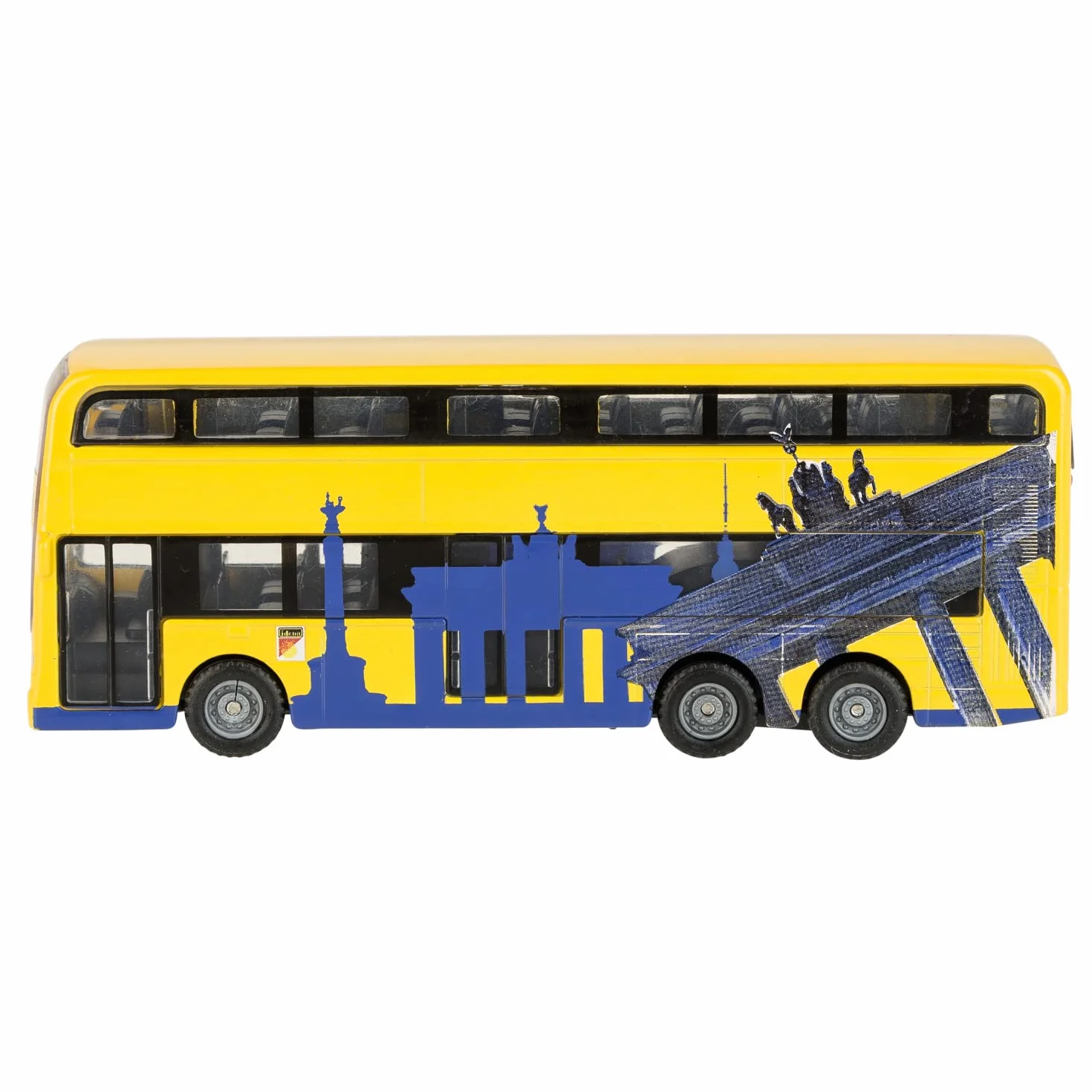 Idena 40107 - model autobusu berlińskiego dwupokładowego, z silnikiem cofania, ok. 18,5 x 13,5 x 4,5 cm, żółty, jako zabawka, typowy pamiątka lub popularny przedmiot kolekcjonerski