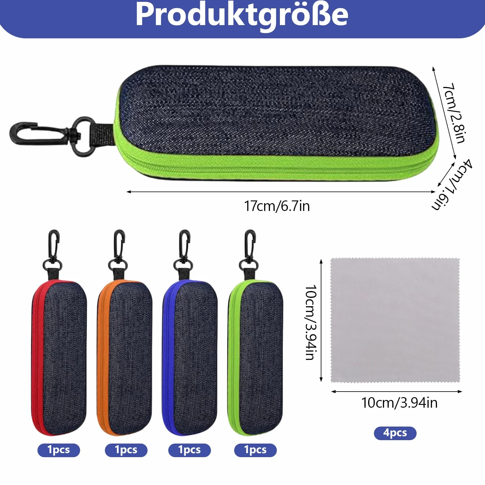 Etui na okulary, 4 sztuki, materiał dżinsowy, twarde etui na okulary przeciwsłoneczne, etui z karabińczykiem i 4 ściereczkami do czyszczenia, do okularów sportowych, rowerowych, do czytania