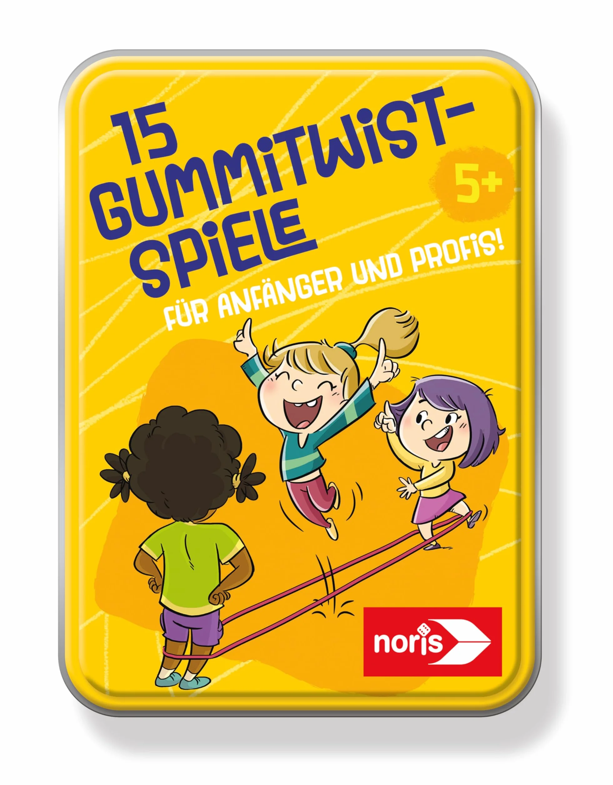 noris 606092104-15 Gummitwist gry dla dzieci od 5 lat – zestaw składający się z kolorowej gumy do skakania i instrukcji gry w blaszanej puszce dla 3 graczy, zabawka outdoorowa dla początkujących i