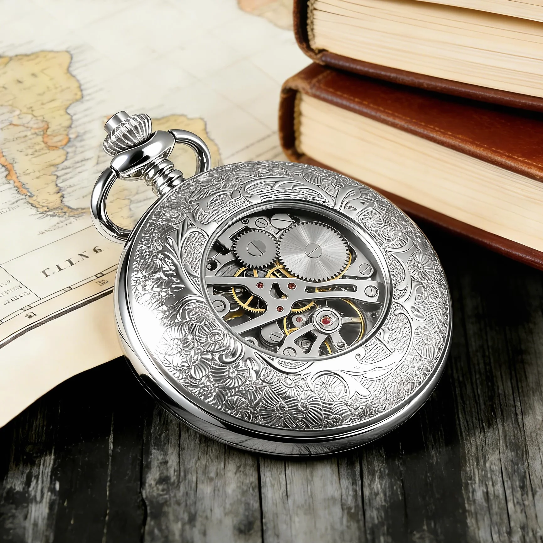 TREEWETO Mekaniczny klin zegarek zegarki kieszonkowe steampunk szkielet retro wisiorek zegarek kieszonkowy zegarek klin złoty zegarek kieszonkowy, srebrny, Srebrny