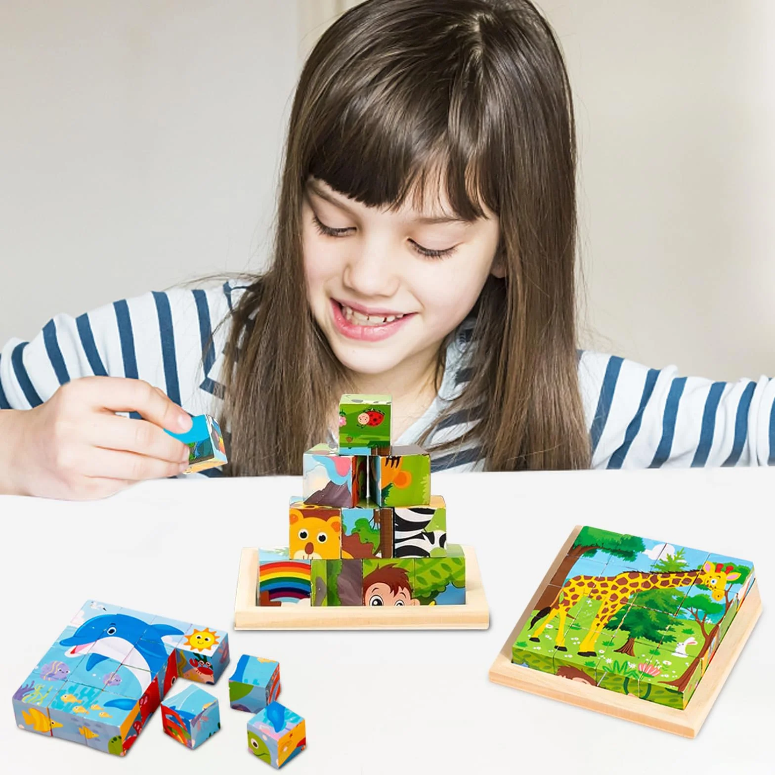 Montessori puzzle drewniane, kostki obrazkowe 3D, puzzle 6 w 1, zabawka edukacyjna, drewniana zabawka dla dzieci od 1, 2, 3, 4 lat, Montessori układanie w stos dla dzieci, chłopców i dziewczynek