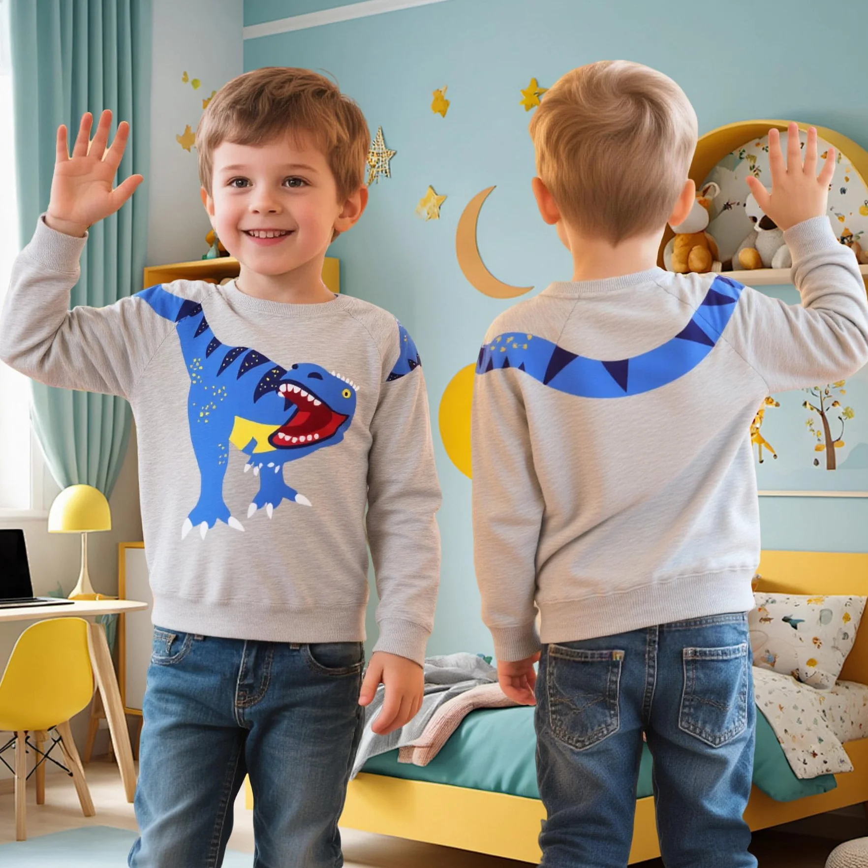 Dziecięca bluza bawełniana okrągły dekolt sweter dinozaury koparka nadruk sweter Święty Mikołaj łoś haftowany sweter ciepły sweter z długim rękawem jesienno-zimowy top dziecięcy 2-7 lat