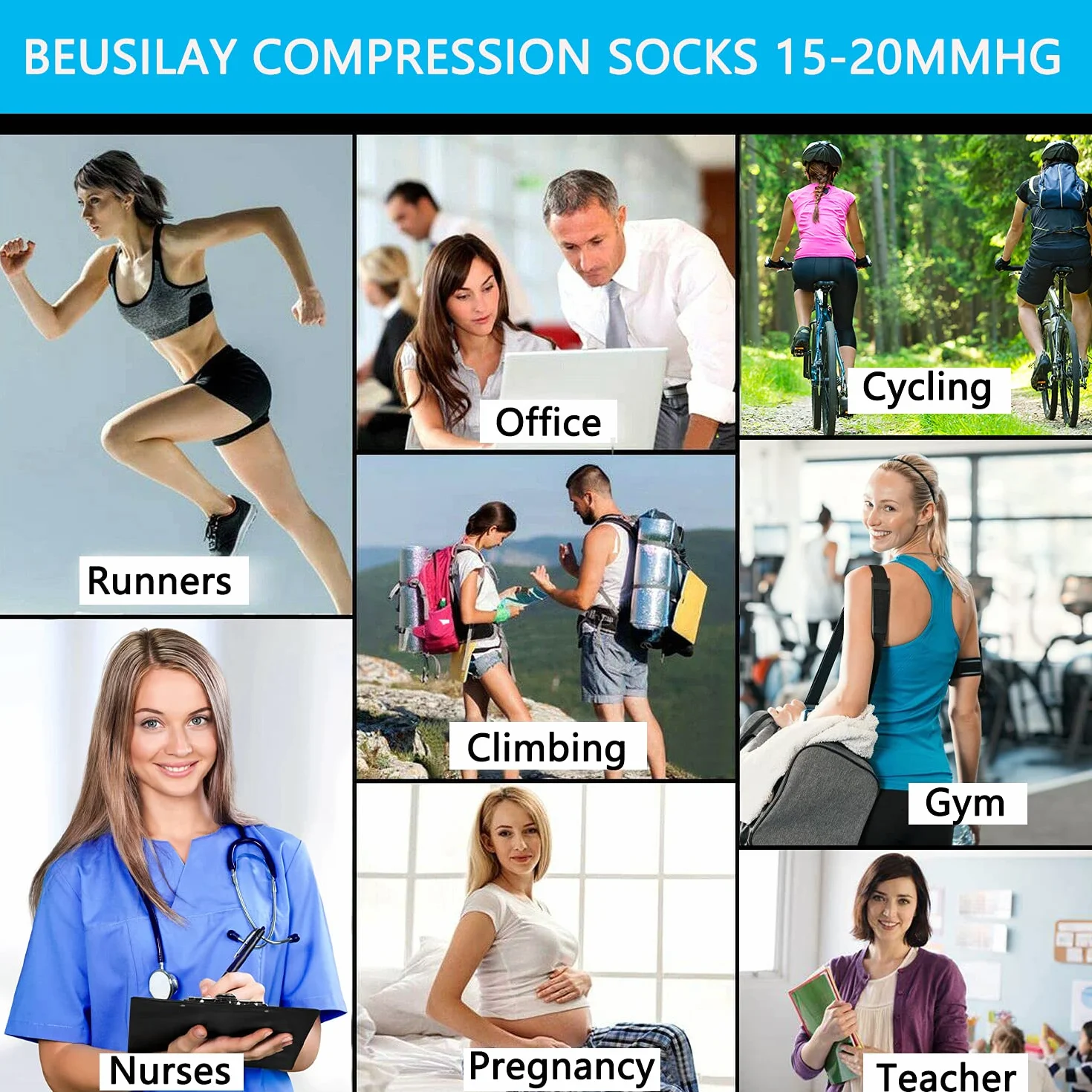 skarpety kompresyjne dla mężczyzn i kobiet (15-20 mmHg), skarpety kompresyjne do biegania, pielęgniarek, sportu, lotu, ciąży,