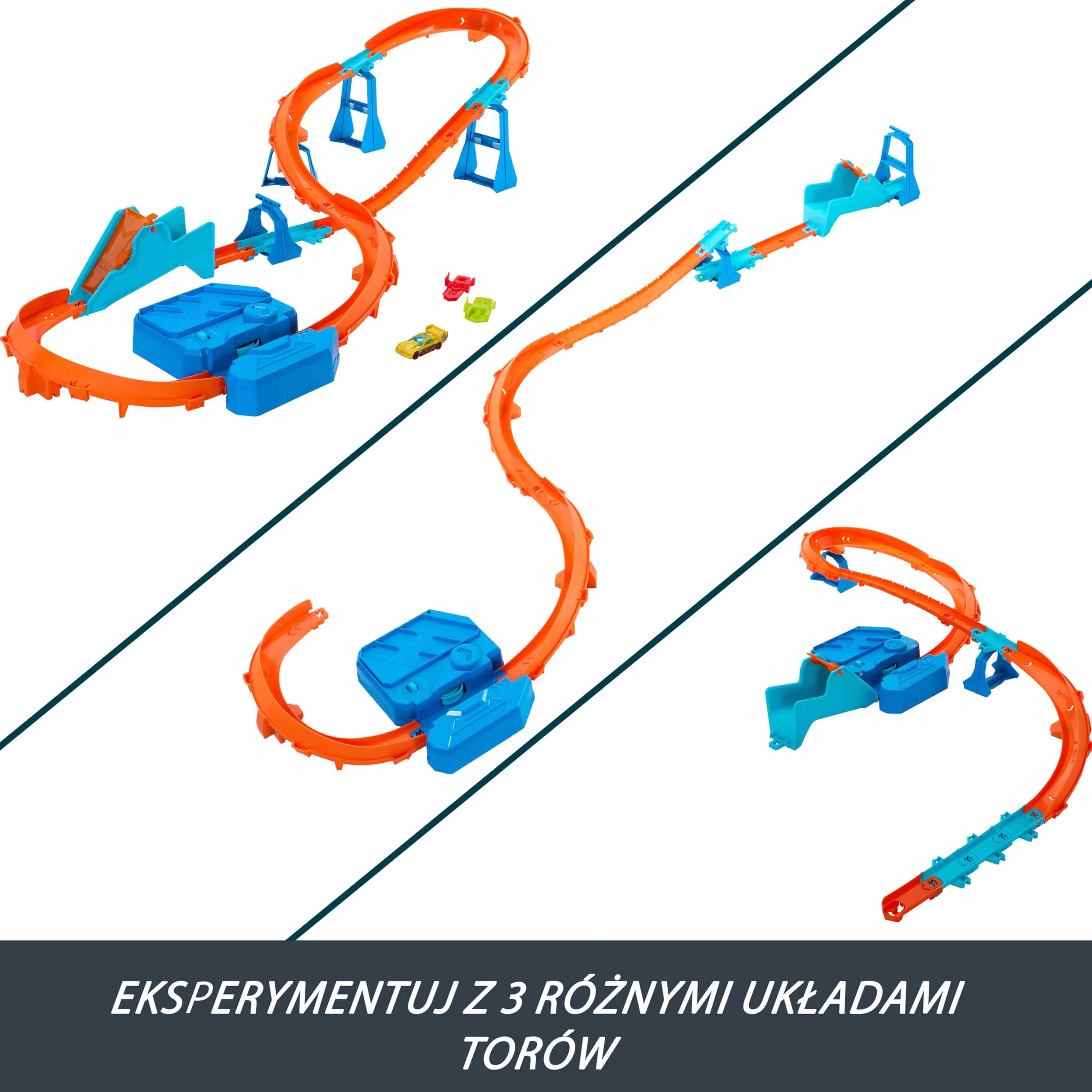 Hot Wheels Track Creator Tor wyścigowy Super skok Zestaw deluxe z przyspieszaczem z napędem + samochód do zabawy w skali 1:64; tor Speed Snap Szybki klik, zabawka dla dzieci 5+, JDB49