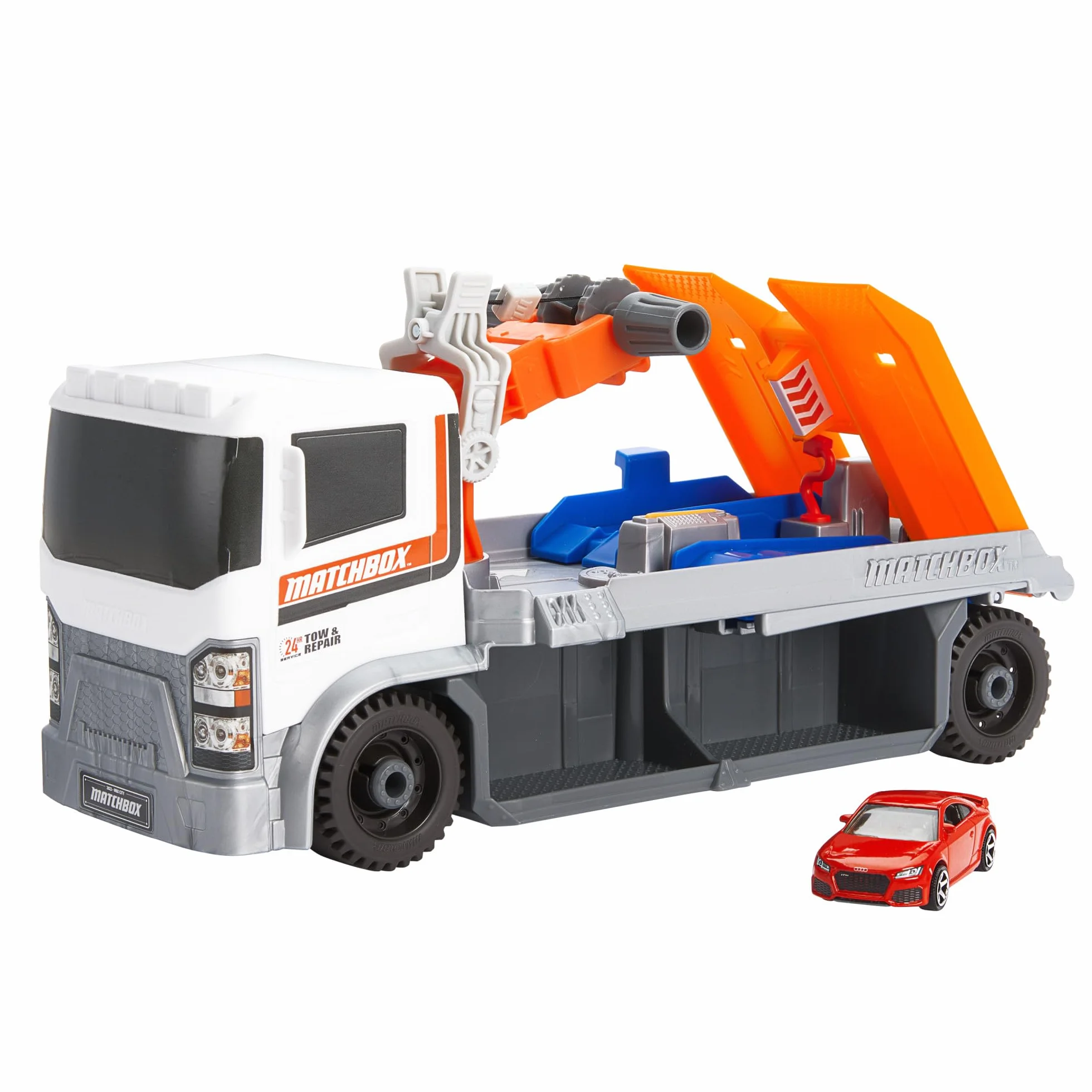 Matchbox Prawdziwe Przygody Laweta Pomoc drogowa Zestaw z ciężarówką z warsztatem oraz samochodzikiem Audi TT RS Coupe w skali 1:64, HRY43