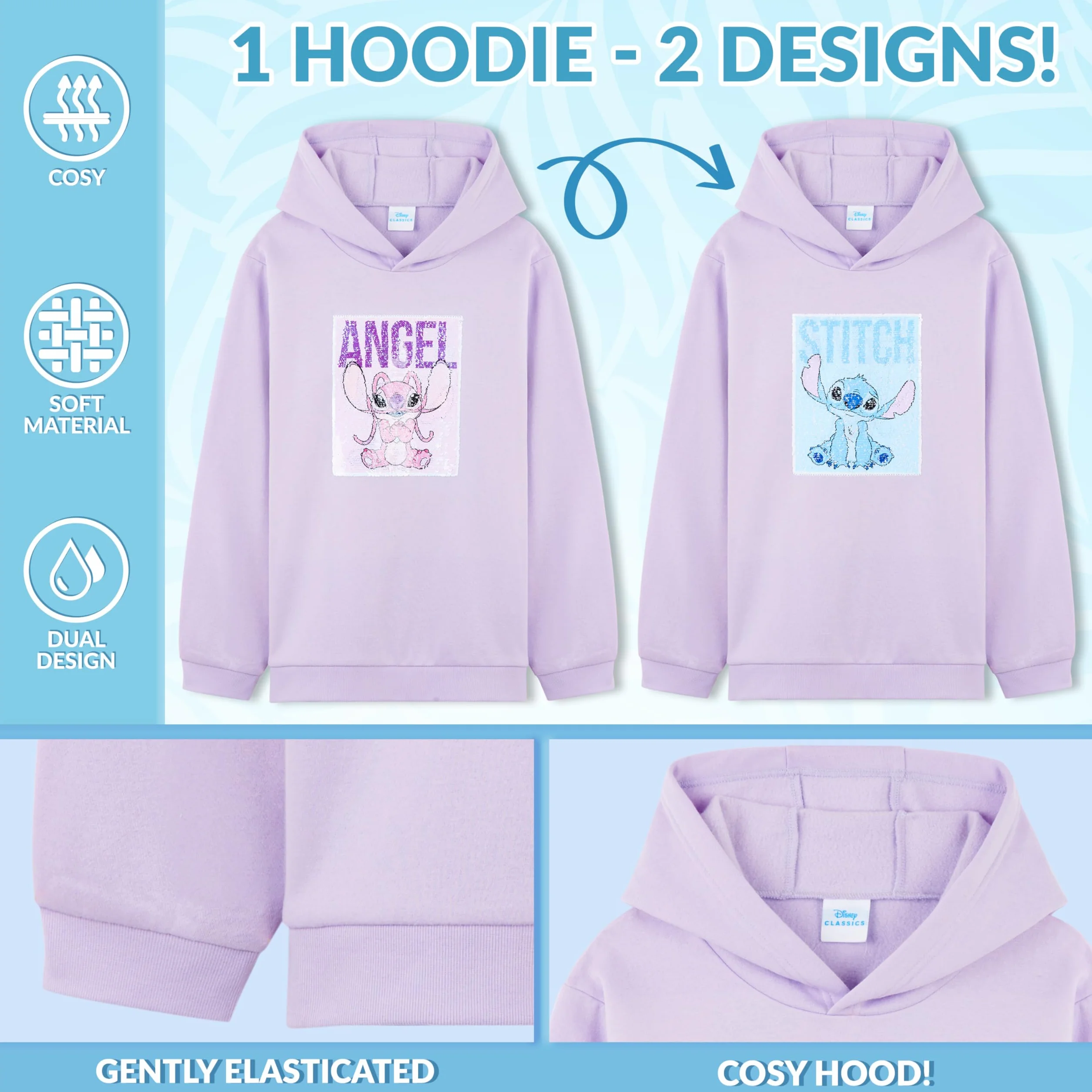 Disney Bluza z kapturem dla dziewcząt nastolatków dwustronny wzór cekinowy miękka bluza z kapturem dzieci chłopcy modny sweter sweter ścieg prezenty