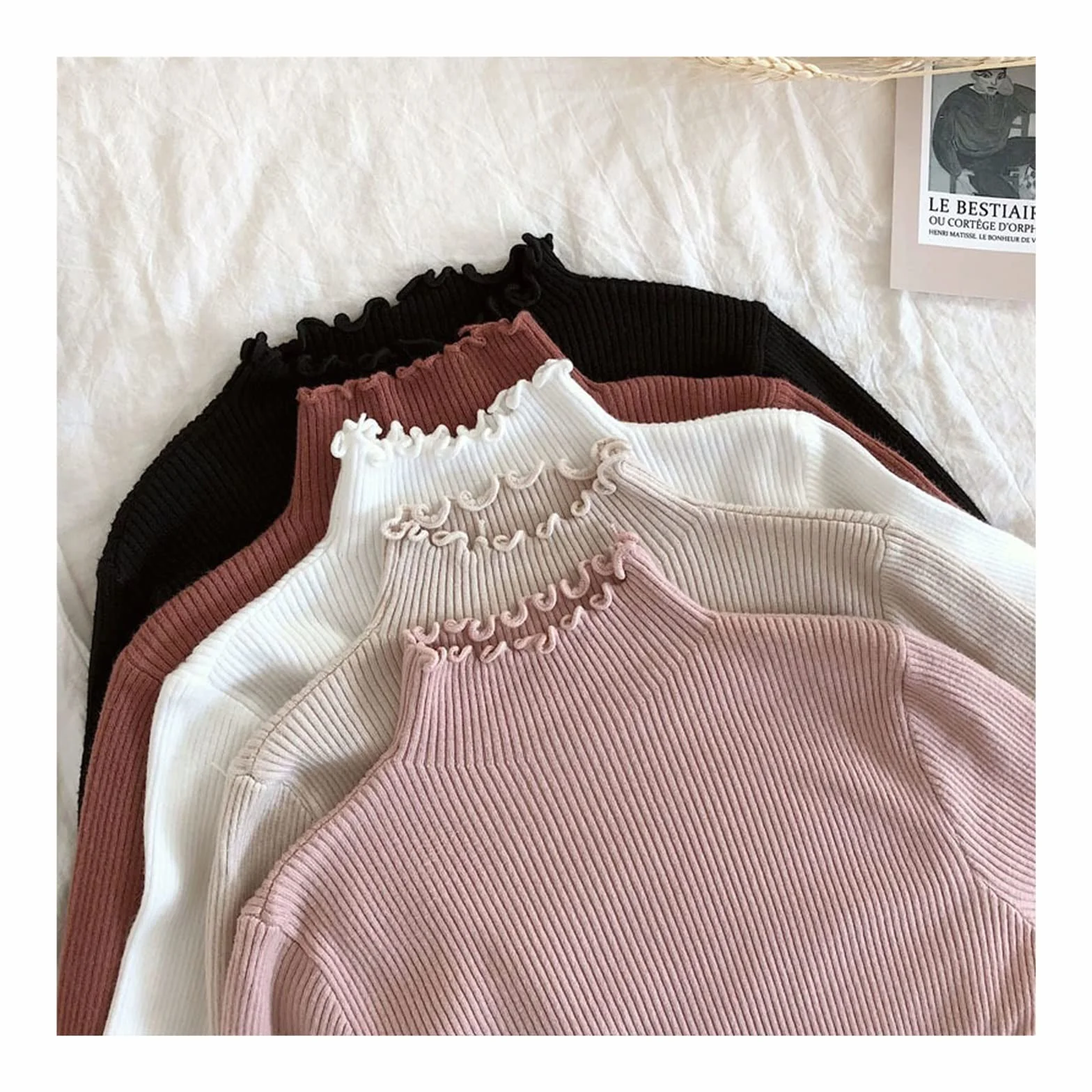 Damskie kardigany Fall Winter Ruffles Sweater Turtleneck Ruched Women Sweaters High Elastic Solid Female Slim Sexy Knitted Pullovers(Pink)