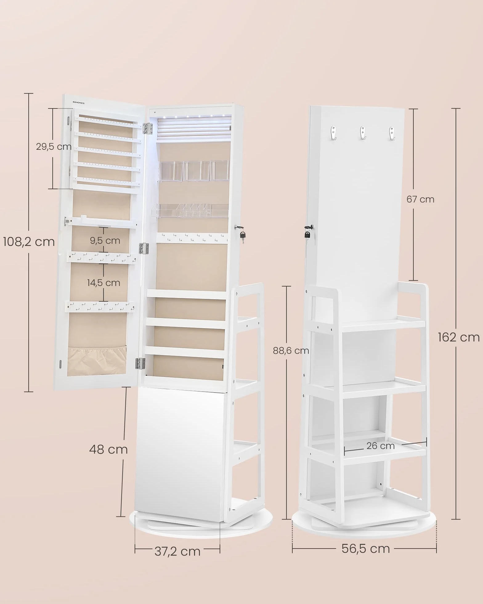 SONGMICS Szafka na biżuterię, przechowywanie biżuterii, pełne lustro, 4 półki do przechowywania, wbudowane oświetlenie, obrót o 360°, do sypialni, garderoby lub przedpokoju, biała chmura JJC027WH01