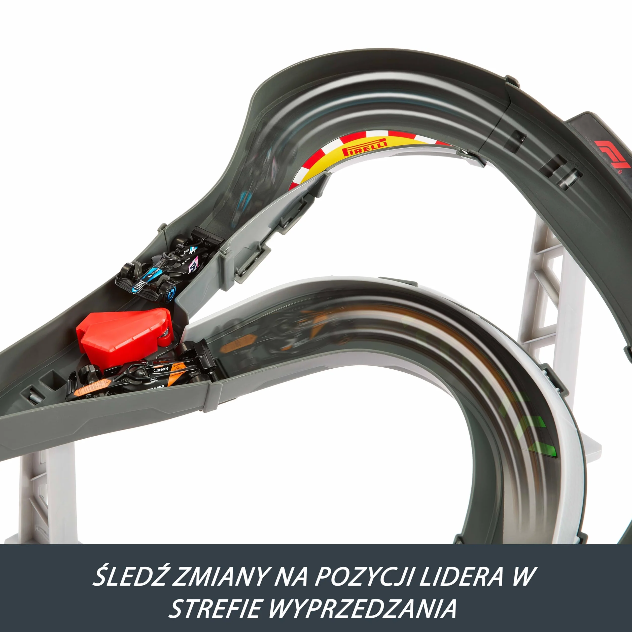 Hot Wheels Racing Formuła 1 Tor wyścigowy Sprint F1 Zestaw do zabawy + 3 metalowe samochody zabawki w skali 1:64 drużyn McLaren, Alpine i VCARB, zabawka dla dzieci 4+, JDY15