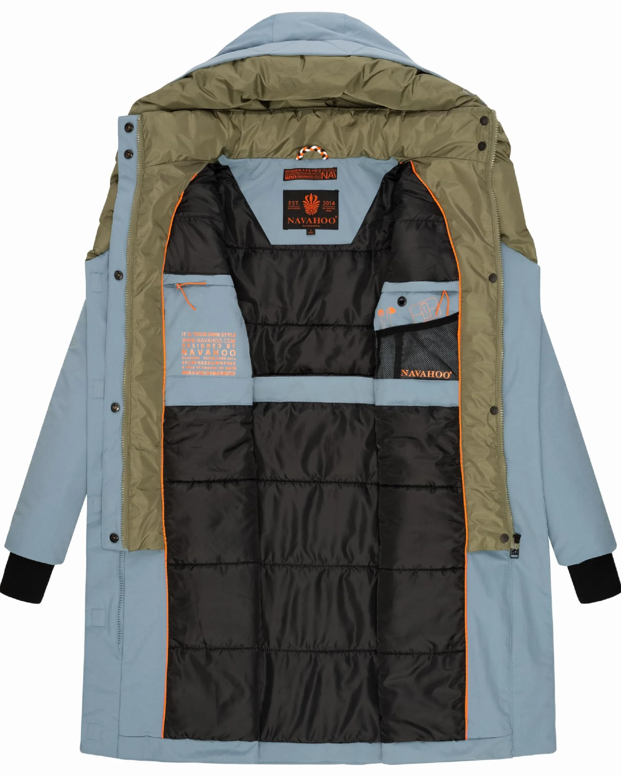 Navahoo Damski płaszcz, długi, ciepły, zimowy, pikowana kurtka z kapturem, Snowelf XS-XXL