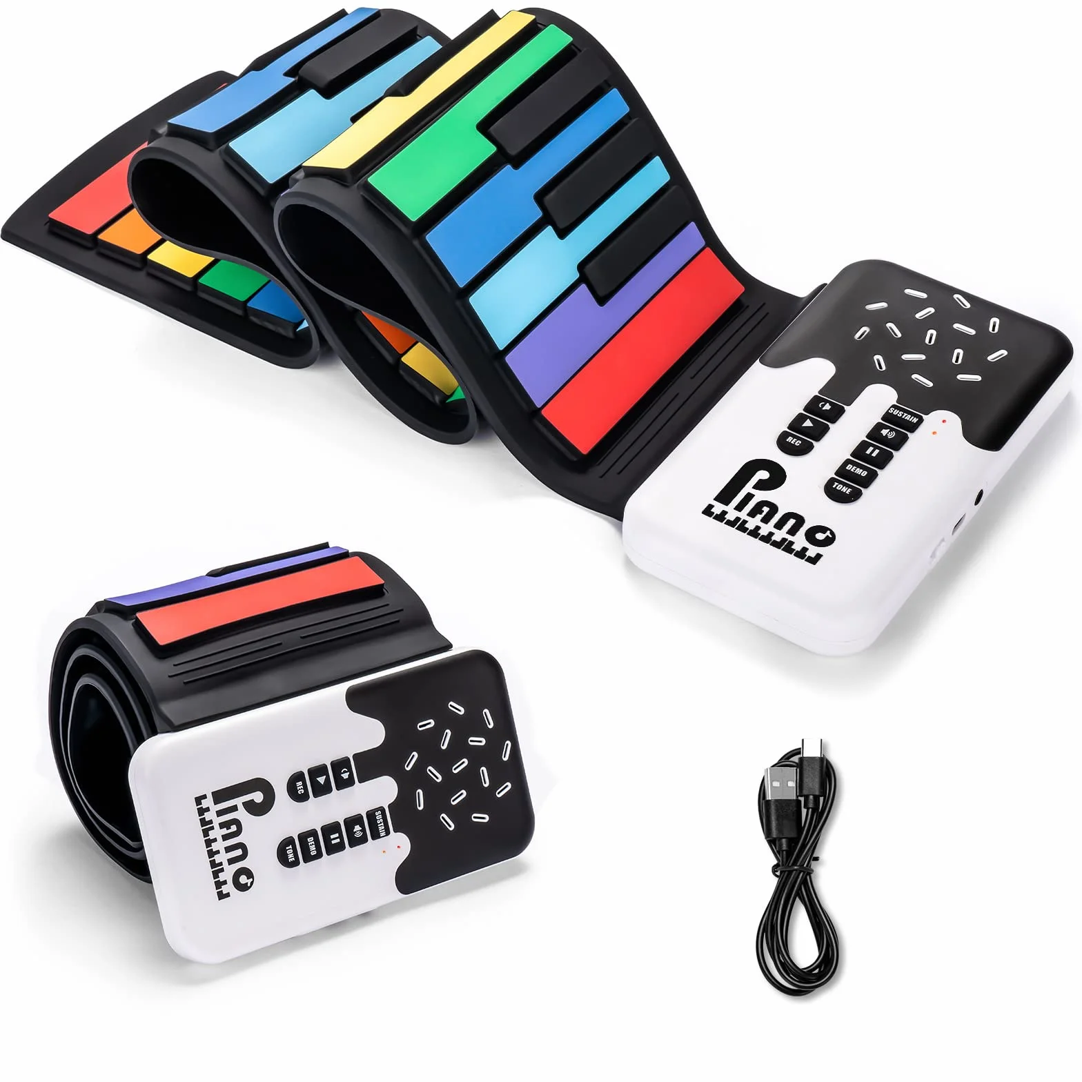 POGOLAB Składane pianino z 49 klawiszami, dla dzieci, początkujących, tęczowe elektroniczne keyboardy z 8 tonami, 6 demo, wielokrotnego ładowania, silikonowe, mini pianino z trybem nagrywania, M02293