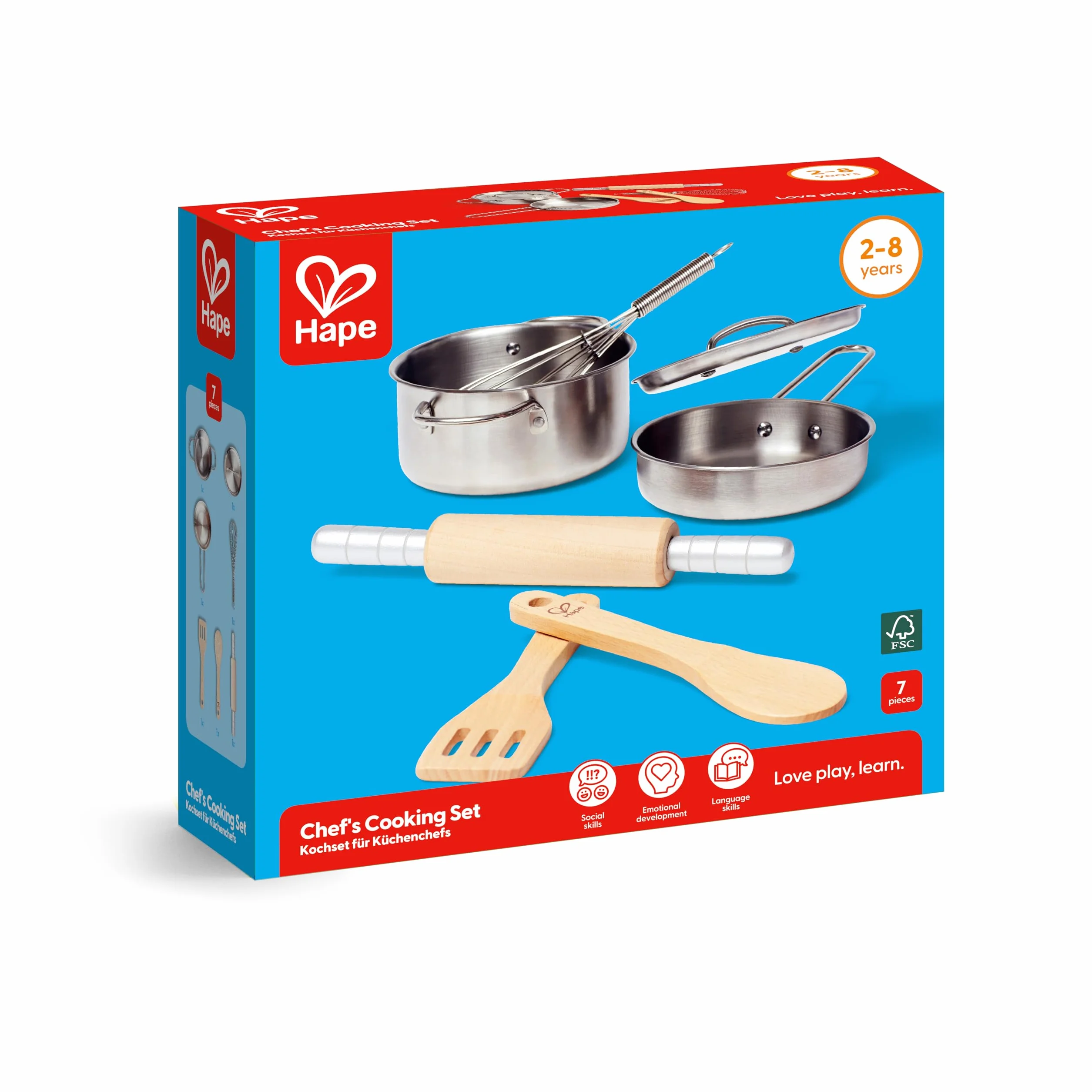 Hape E3137 Chef's Cooking Set - Child Safe Pots, Pans and Utensils - Wooden Kitchen Accessories