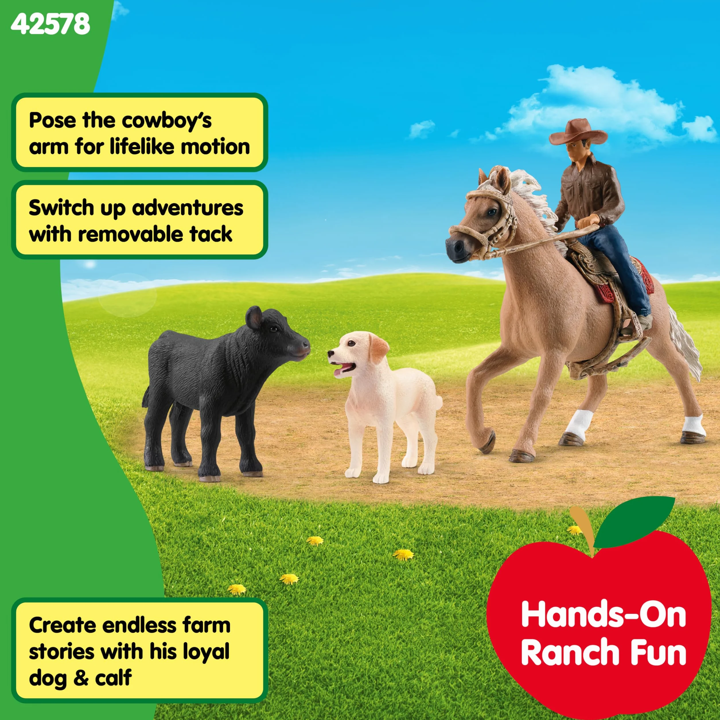 Schleich FARM WORLD | Jazda westernowa 42578 | zestaw farma z kowbojem, koniem, cielęciem i psem z uzdą i siodłem | akcesoria rodeo western | zabawka farma od 3 lat | zestaw 6 elementów