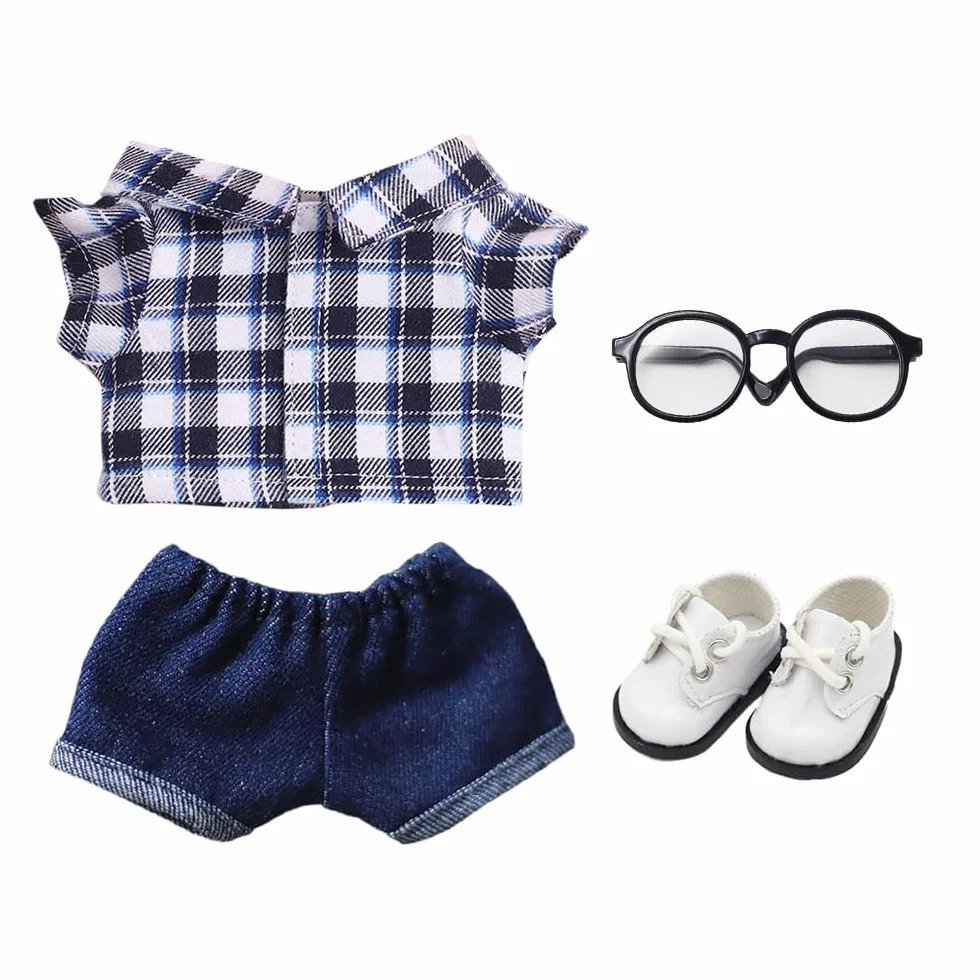 niannyyhouse Koszula w jednolitą kratę w paski, dżinsy, okulary, skórzane buty, 10 cm, 15 cm, 20 cm, pluszowe ubrania dla lalek, miękkie, wypchane, pluszowe akcesoria do przebierania się (A7-20 cm)