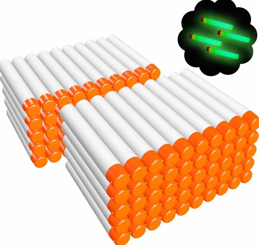 AMOSTING 100 fluorescencyjne rzutki do nerf, 7.2 cm białe naboje piankowe amunicja piankowa do N-Modulus Fortnite Elite Strike Blasters Series z torbą na zabawki