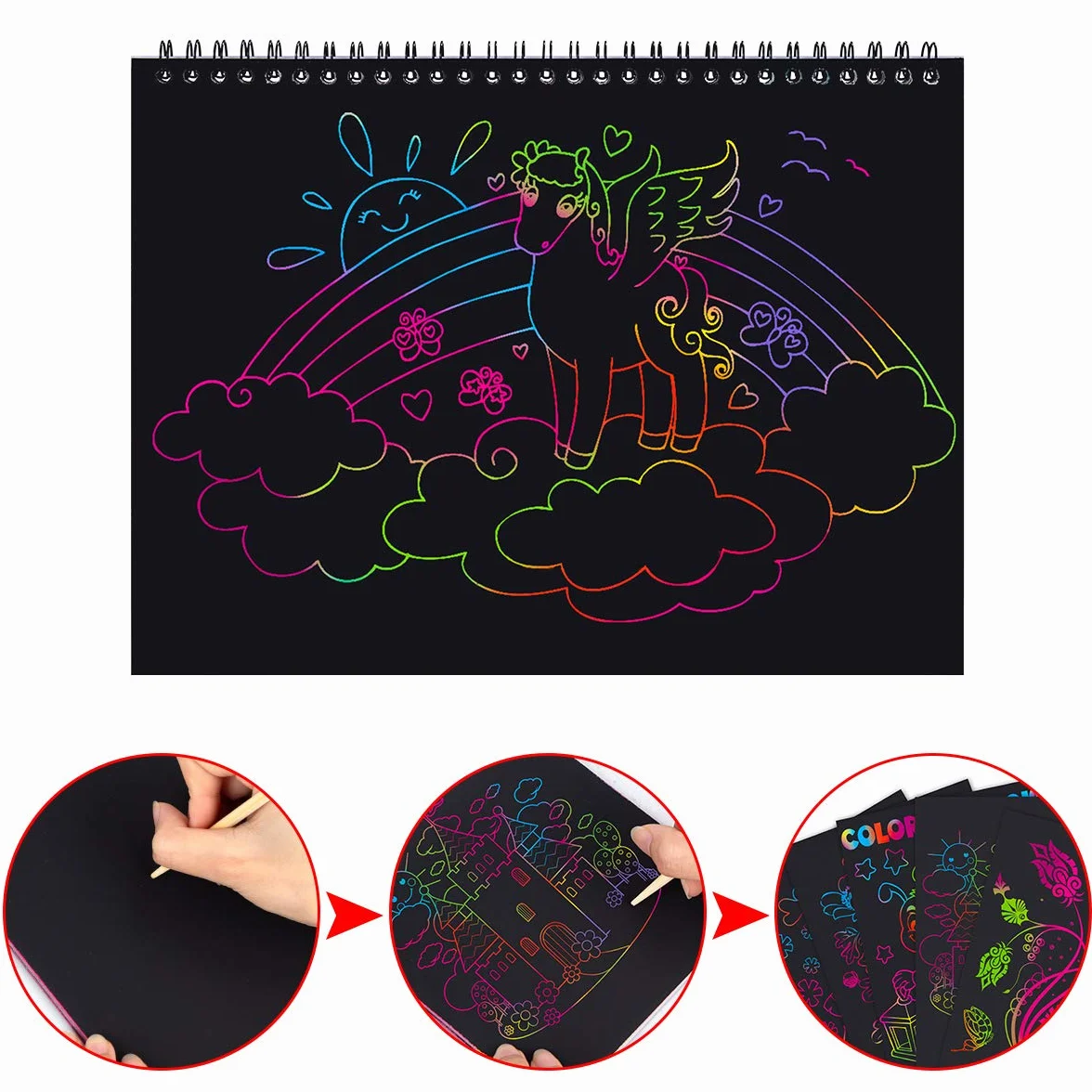MELLIEX Scratch Art Notes for Bambini, Set di 3 Blocco da Disegno Arcobaleno Scratch Paper Con 6 Penne Stilografiche in Legno e 4 Righelli Da Disegno dla Disegni, Giochi e Scrittura