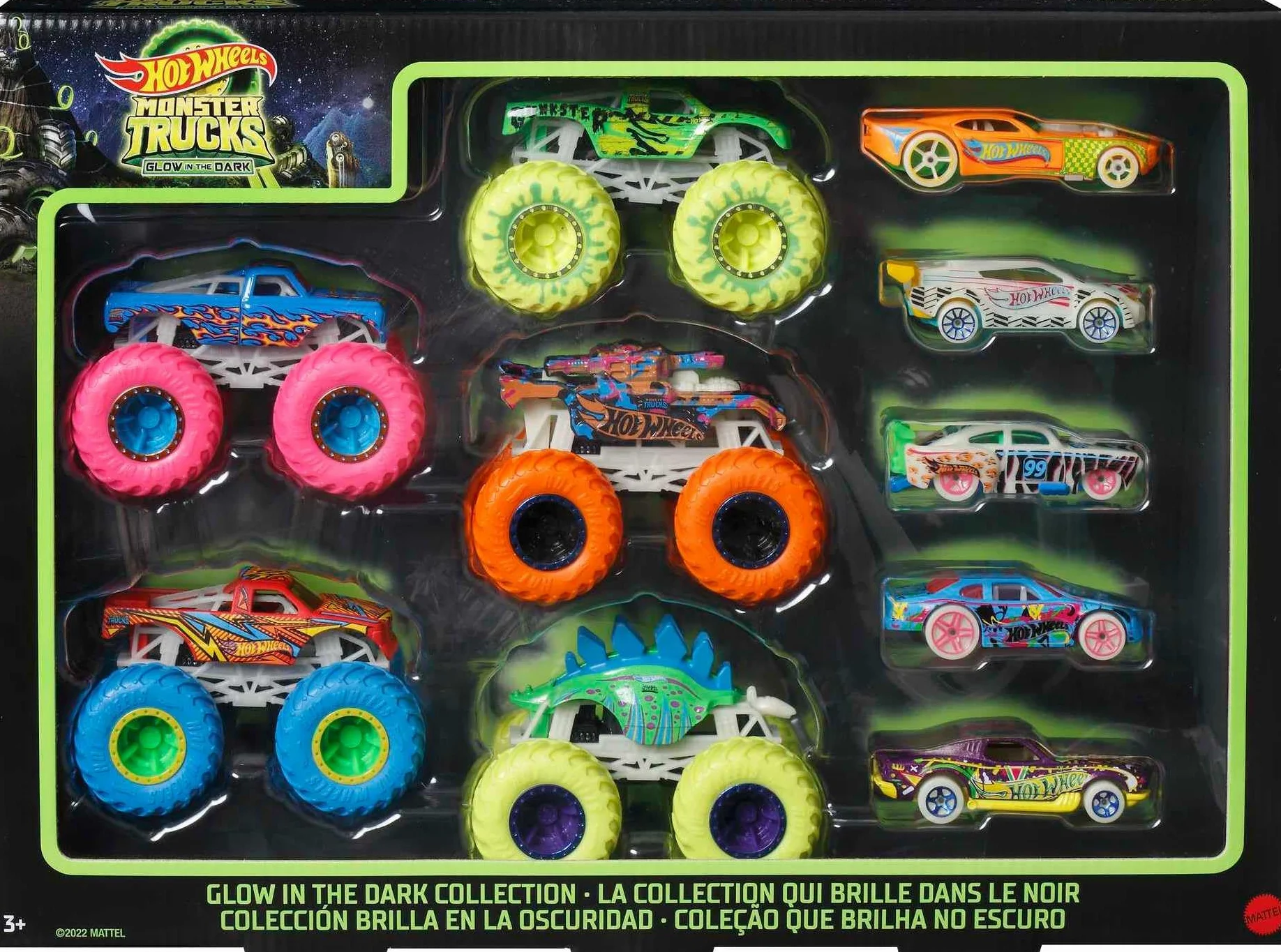 Hot Wheels Monster Trucks - Wielopak Z Efektem Świecenia W Ciemności, 10 pojazdów W Skali 1:64, 5 Monster Trucków i 5 pojazdów Hot Wheels dla Kolekcjonerów i Dzieci, Hcb57