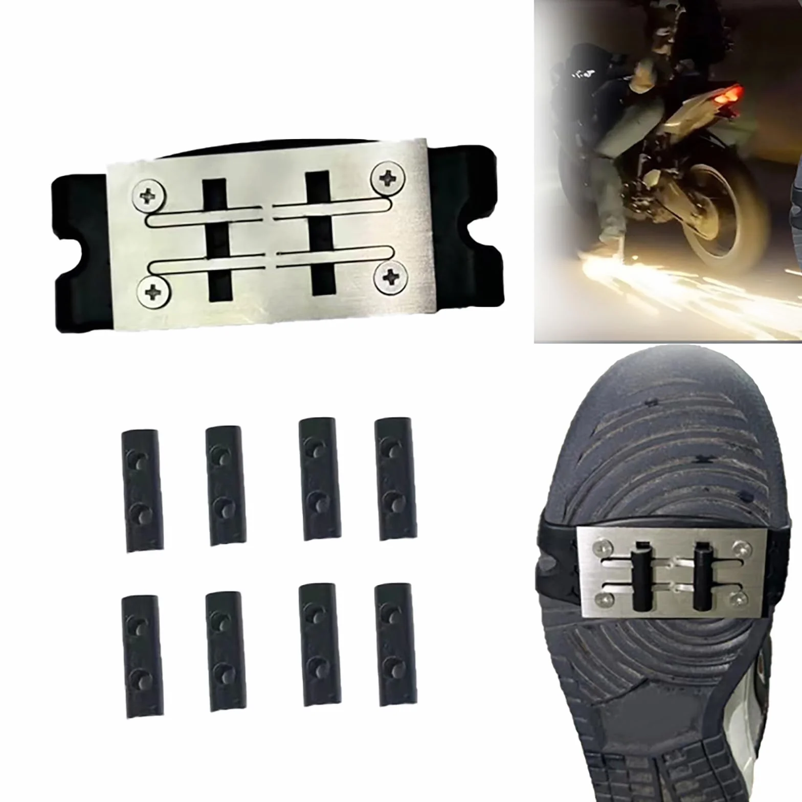 Rower cierny Spark Tool Pad, motocykl, rower Flint Pad, akcesoria do deskorolki, hamulec nożny Sparking Foot Pressure Slider ochraniacze na buty (1 x pokrowiec na buty + 8 x poduszka Flint)