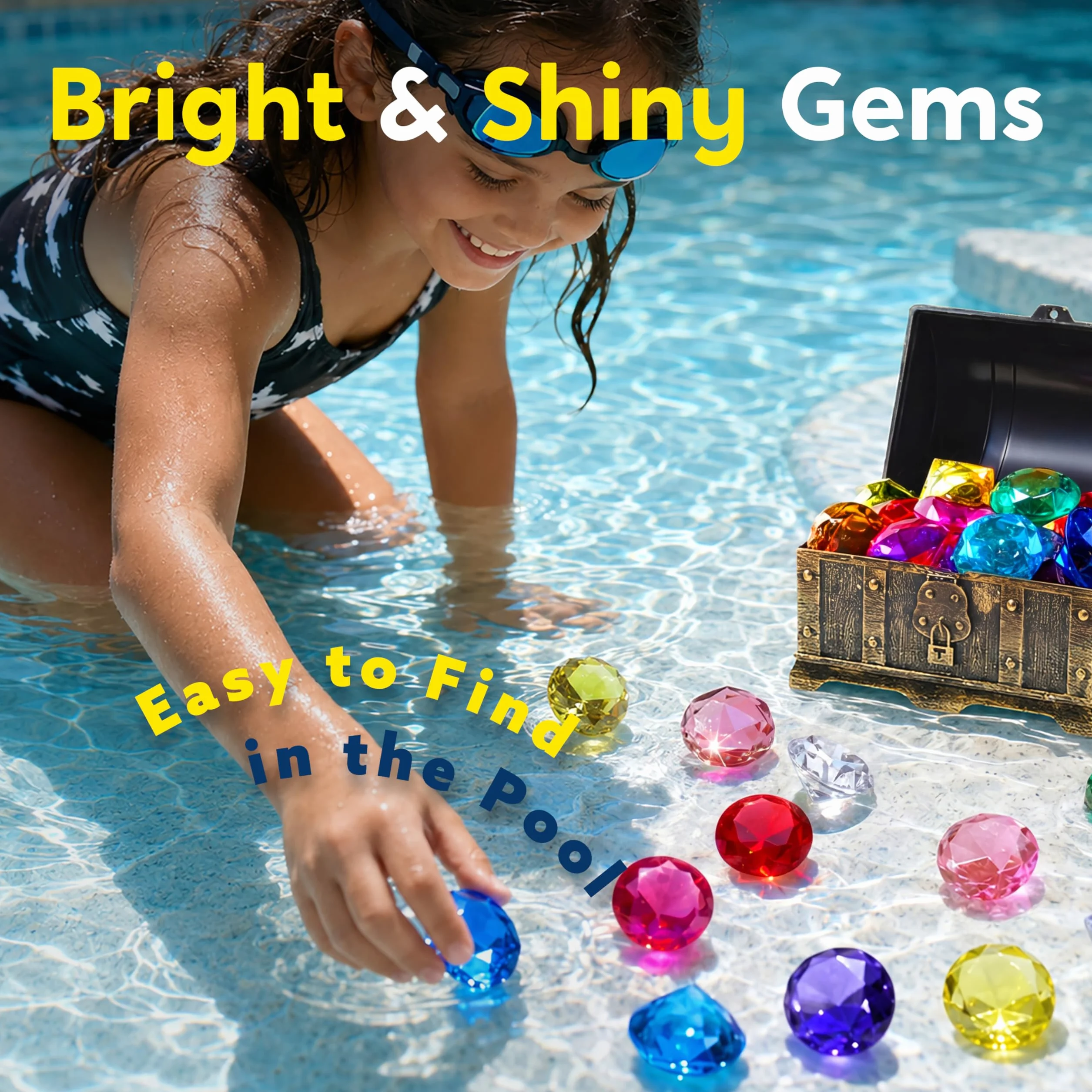 Sloosh Juguetes de piscina Diving Gems, 16 dużych kolorów diamentów Con cofre Del tesoro Pirata, juguete de buceo Para niños Con gemas submarinas, Regalo de entrenamiento de natación.