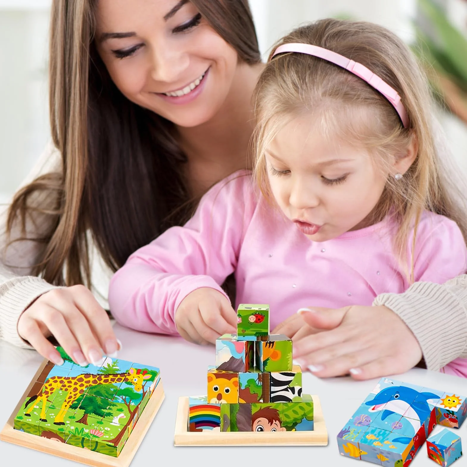 Montessori puzzle drewniane, kostki obrazkowe 3D, puzzle 6 w 1, zabawka edukacyjna, drewniana zabawka dla dzieci od 1, 2, 3, 4 lat, Montessori układanie w stos dla dzieci, chłopców i dziewczynek