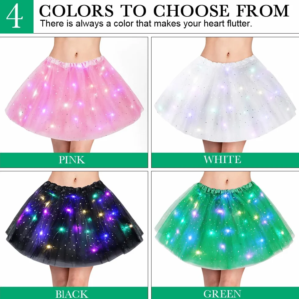 Spódnica tutu, LED, dla dorosłych, nastolatek, na bal przebierańców, karnawał, imprezę tematyczną, balet, kostium na Halloween, 40 cm, zielona, 40