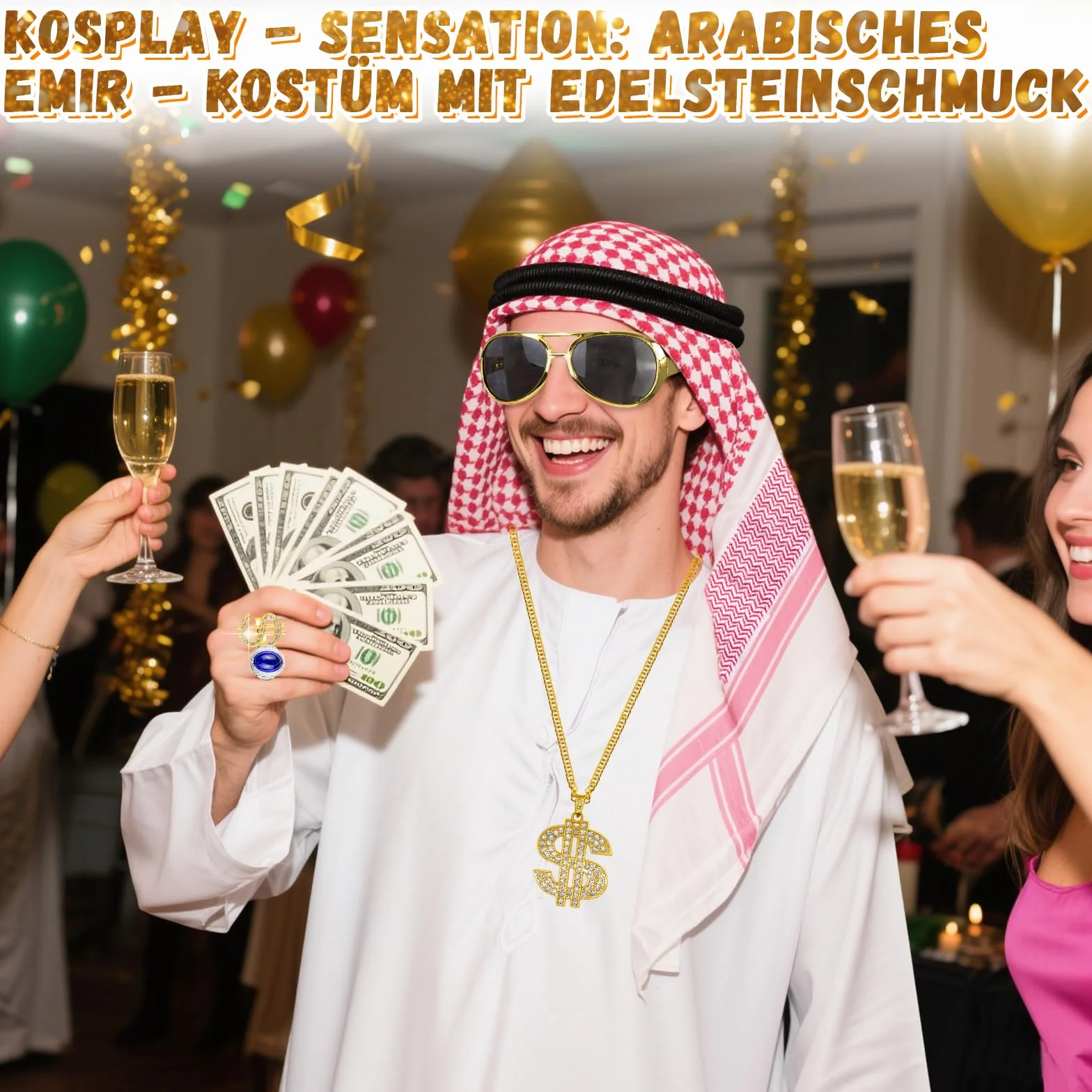 Kostium szejka męski, 16-częściowy kostium arabski dla dorosłych, arabska szata z chustką na głowę, okulary przeciwsłoneczne, naszyjnik, pierścionki, kostium orientalny męski, karnawał, na imprezę
