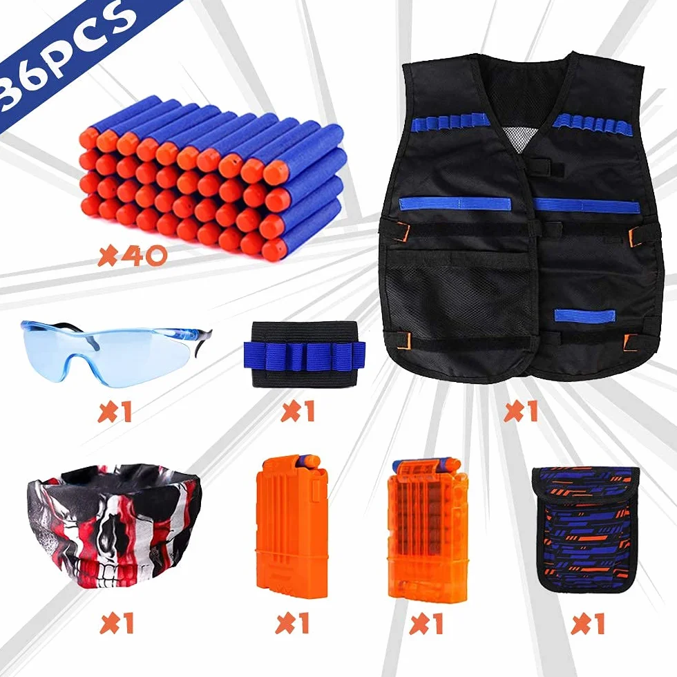 WORKER Zestaw kamizelek taktycznych dla dzieci Guns N-Strike Elite z 40 kulkami, 2 klipsami do ładowania, worek do darta, maska taktyczna, opaska na rękę i okulary ochronne dla chłopców