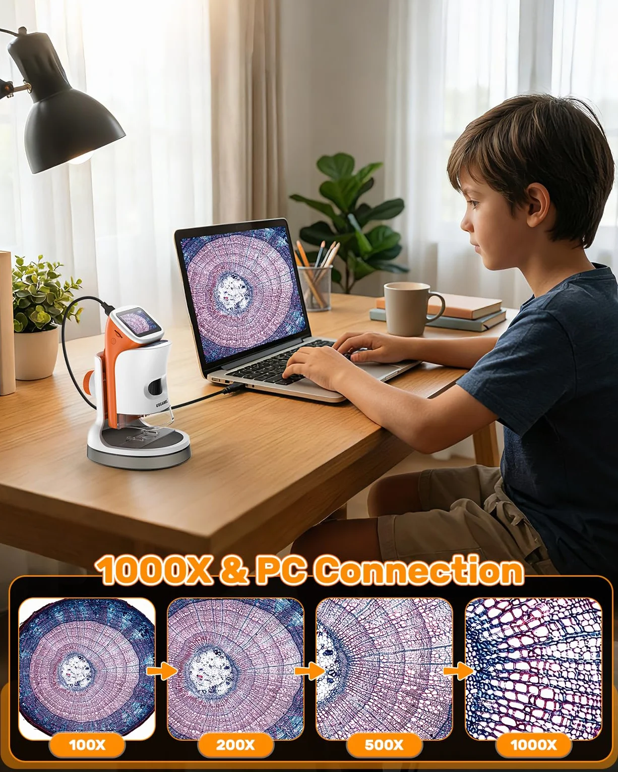 Przenośny mikroskop dla dzieci z ekranem: 100-1000x kieszonkowy mikroskop cyfrowy dla dzieci z ekranem LCD 4K 5,1 cm ładowany przez USB, karta TF 32G, 15 szt. preparatów