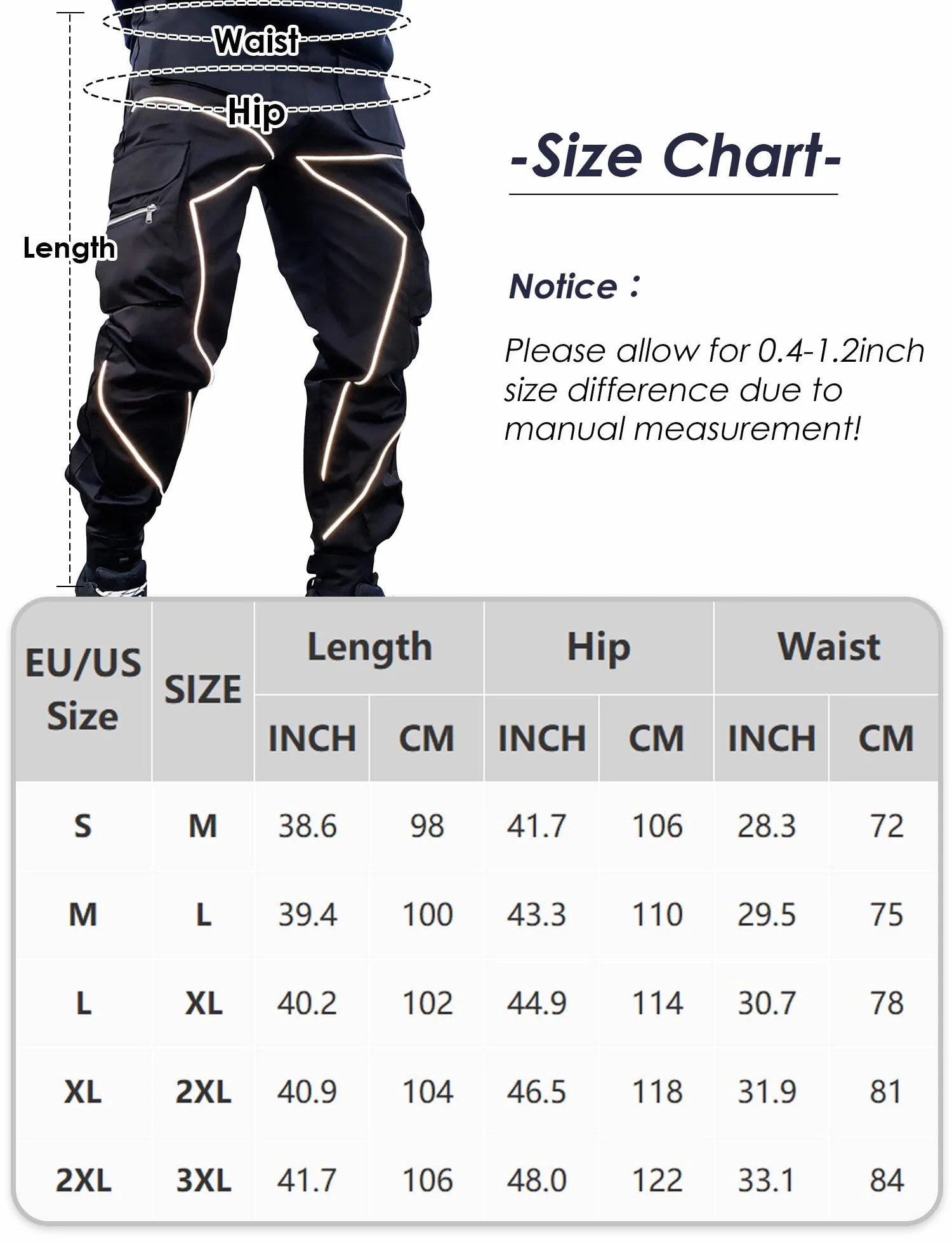 AIEOE Męskie spodnie cargo Hip Hop Techwear Cargo spodnie z odblaskowymi paskami, Streetwear Punk Pants Joggger spodnie do biegania z kieszeniami, gumowy ściągacz