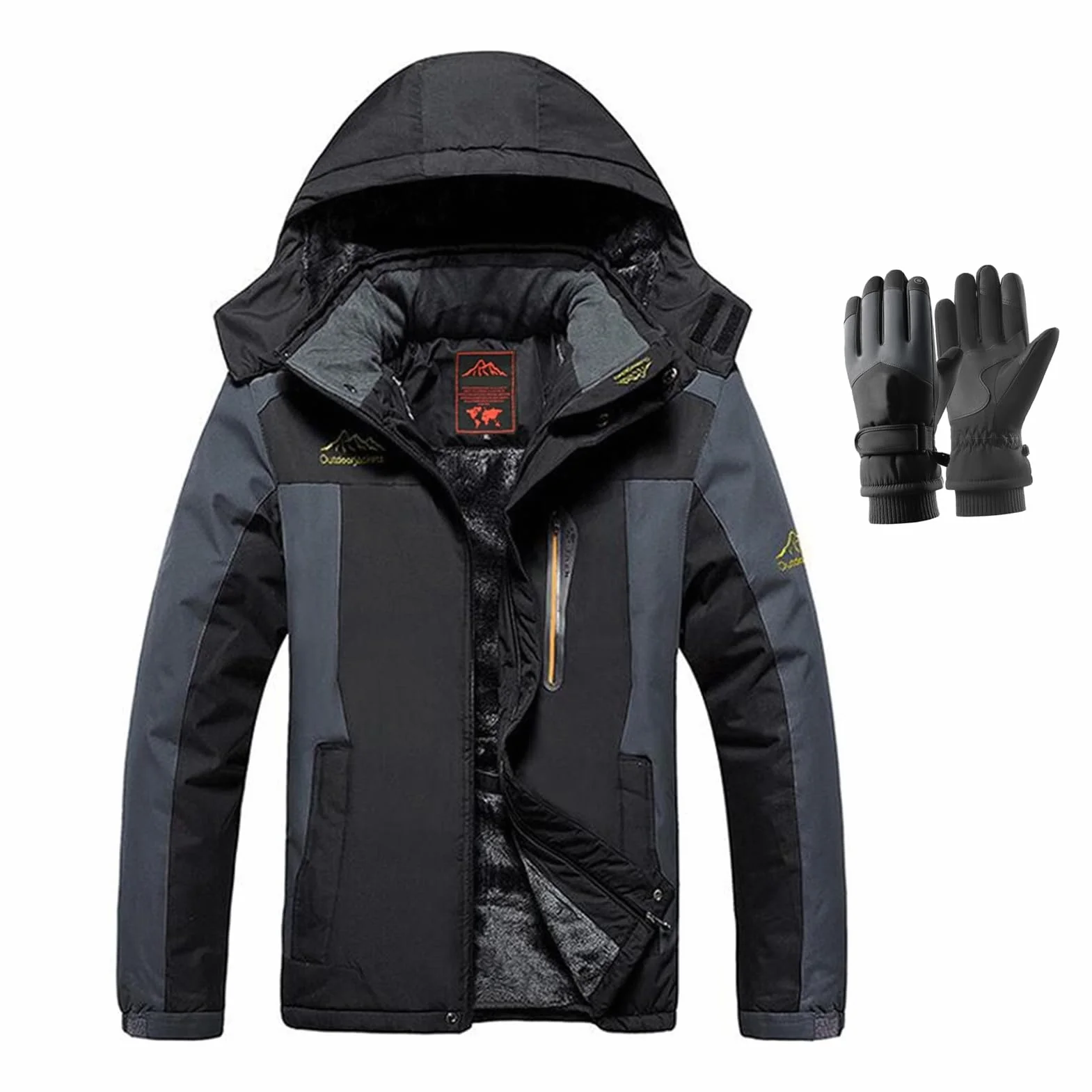 Męska kurtka narciarska z rękawiczkami narciarskimi, ciepła kurtka zimowa z podszewką, pogrubiona, kurtka narciarska, outdoorowa, wiatroszczelna, kurtka funkcyjna, bluza z odpinanym kapturem