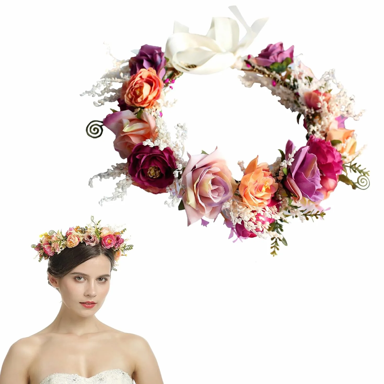 Kwiatowa opaska na czoło, ozdoba głowy, regulowana korona kwiatowa, dla panny młodej, na festiwal i wesel, imprezę i plażę (fioletowa)