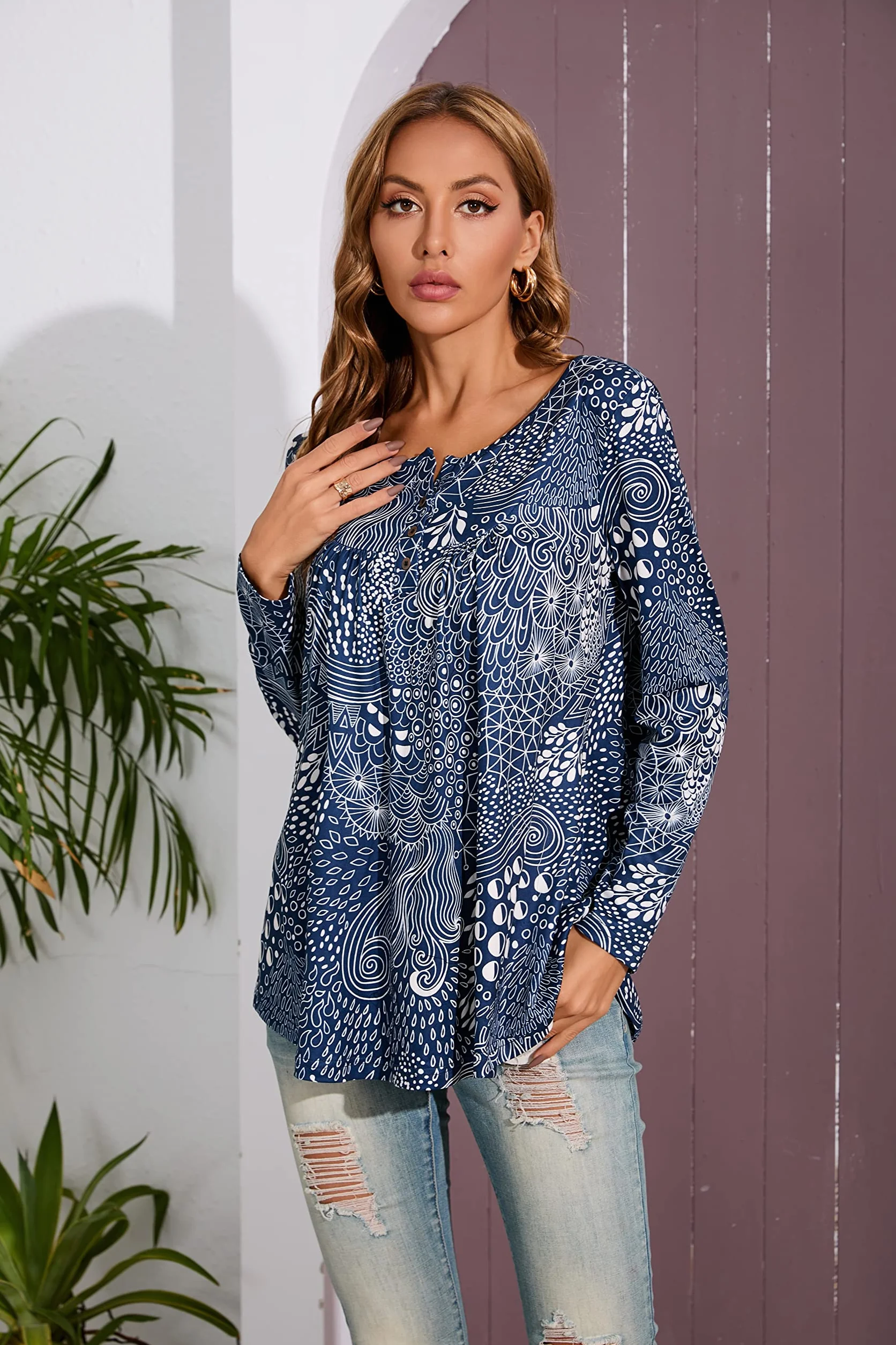 Enmain Damska tunika, koszulka z długim rękawem, tunika, długa koszulka damska, duże rozmiary, dekolt w serek, długa bluzka na co dzień, elegancka tunika, top z guzikami, wzór Paisley, S-3XL