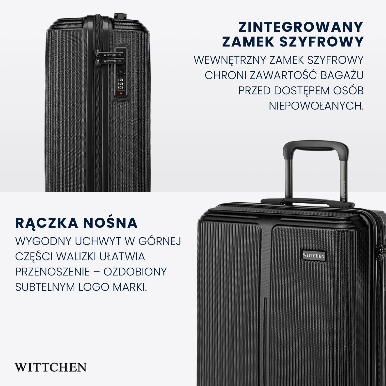 WITTCHEN Stripes Line Walizka kabinowa Bagaż podręczny Mała walizka ABS 4 podwójne kółka Teleskopowy uchwyt Zamek szyfrowy Czarny