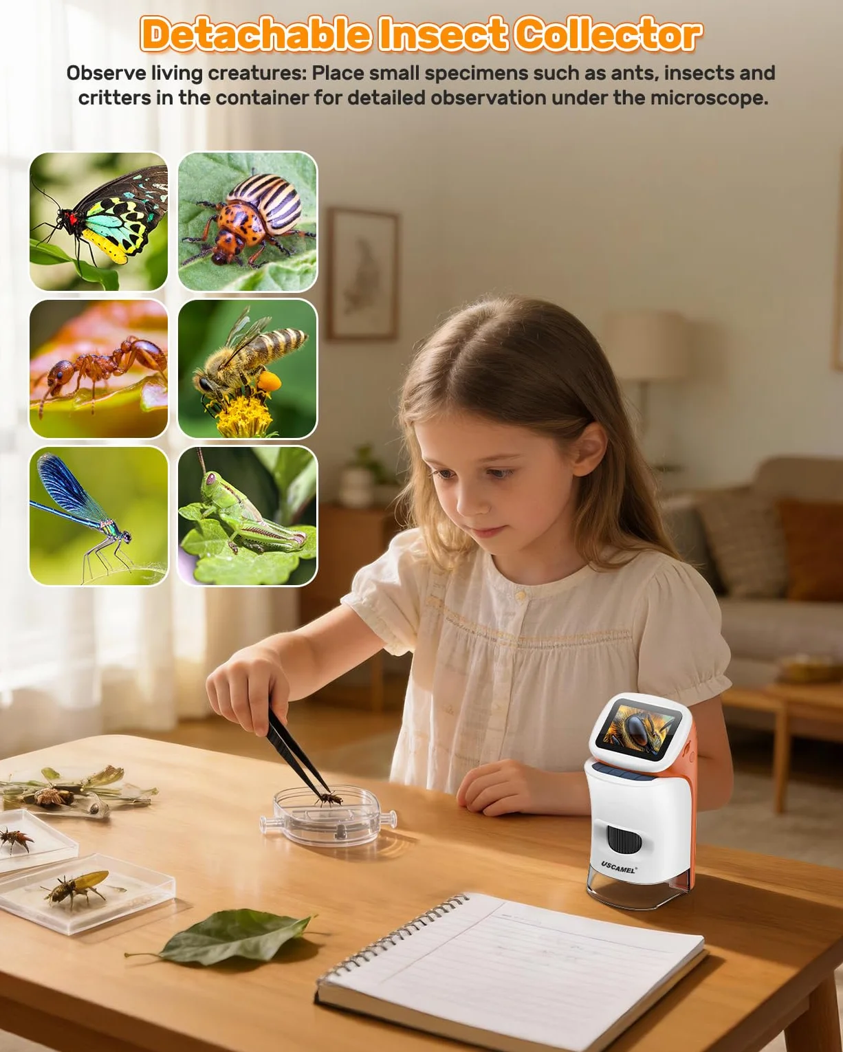 Przenośny mikroskop dla dzieci z ekranem: 100-1000x kieszonkowy mikroskop cyfrowy dla dzieci z ekranem LCD 4K 5,1 cm ładowany przez USB, karta TF 32G, 15 szt. preparatów