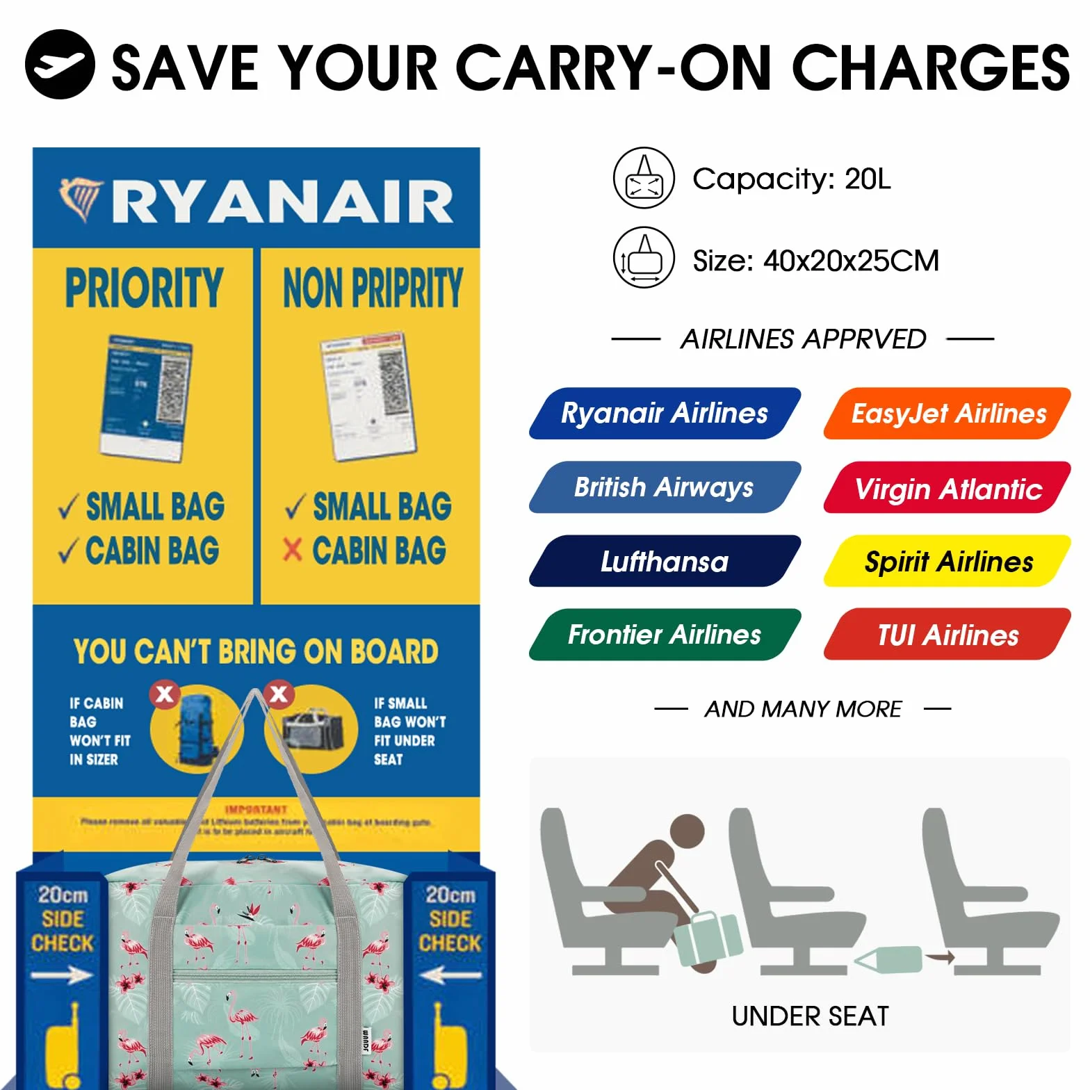 WANDF Ryanair bagaż podręczny 40x20x25 cm torba podróżna mała składana torba sportowa weekendowy bagaż podręczny dla mężczyzn i kobiet (niebieski flaming 20L z paskiem na ramię)