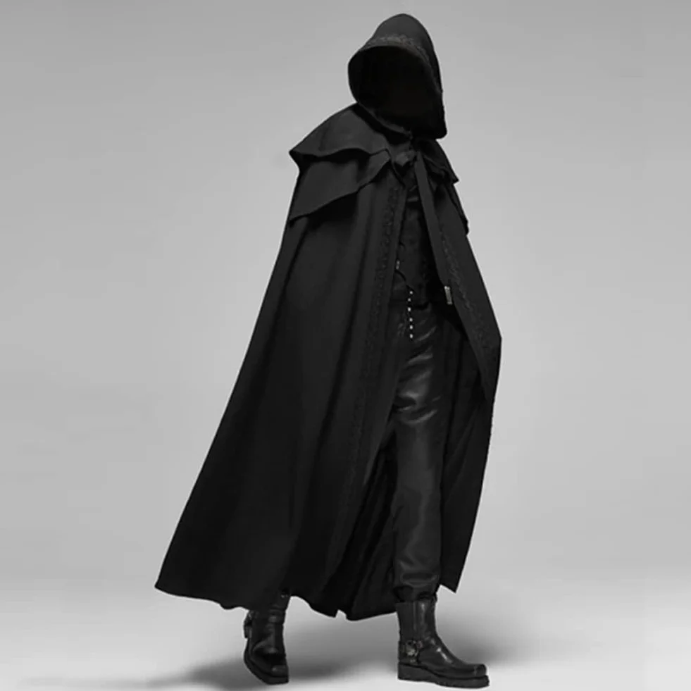 Peleryna z kapturem na Halloween, średniowieczna długa czarna peleryna z kapturem, styl wampira, występ, kostium cosplay dla mężczyzn i kobiet