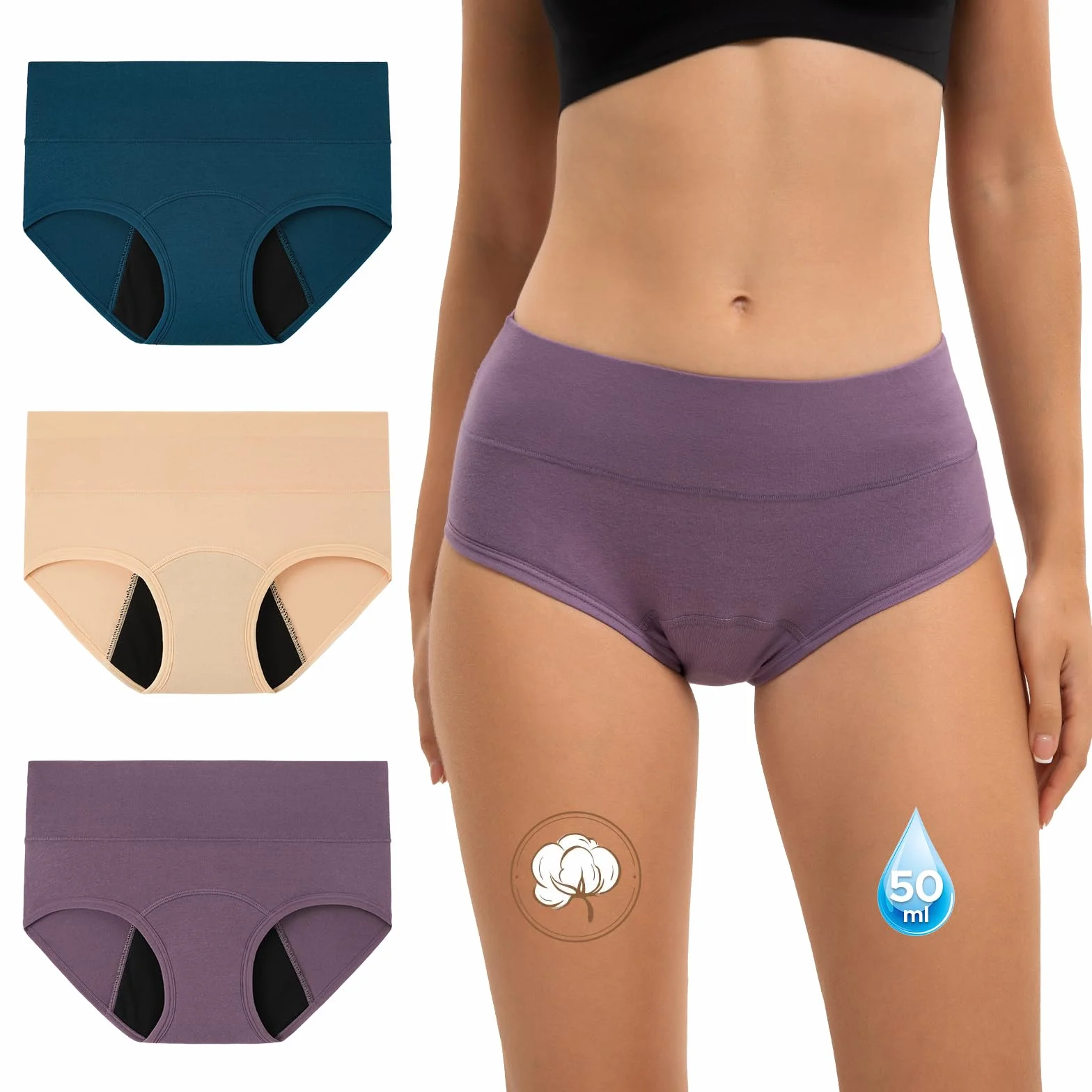 INNERSY Majtki menstruacyjne damskie z wysokim stanem, z wysoką talią, majtki menstruacyjne, 3 szt