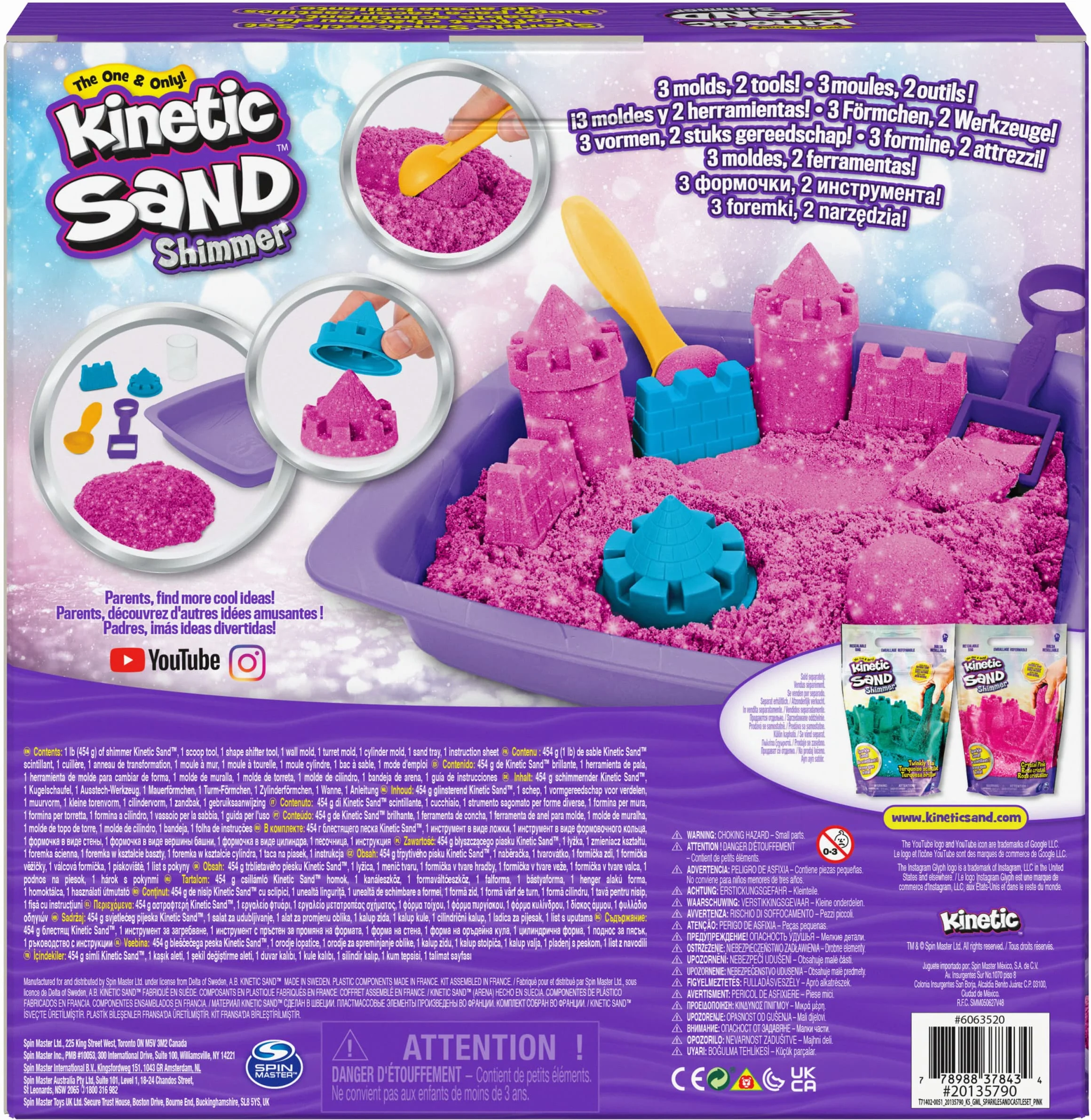 Kinetic Sand Kinetic Shimmer Sand Castle 454 g kolorowy błyszczący różowy z 3 akcesoriami i tacą w zestawie zabawki dla dzieci i dziewcząt w wieku 3 lat