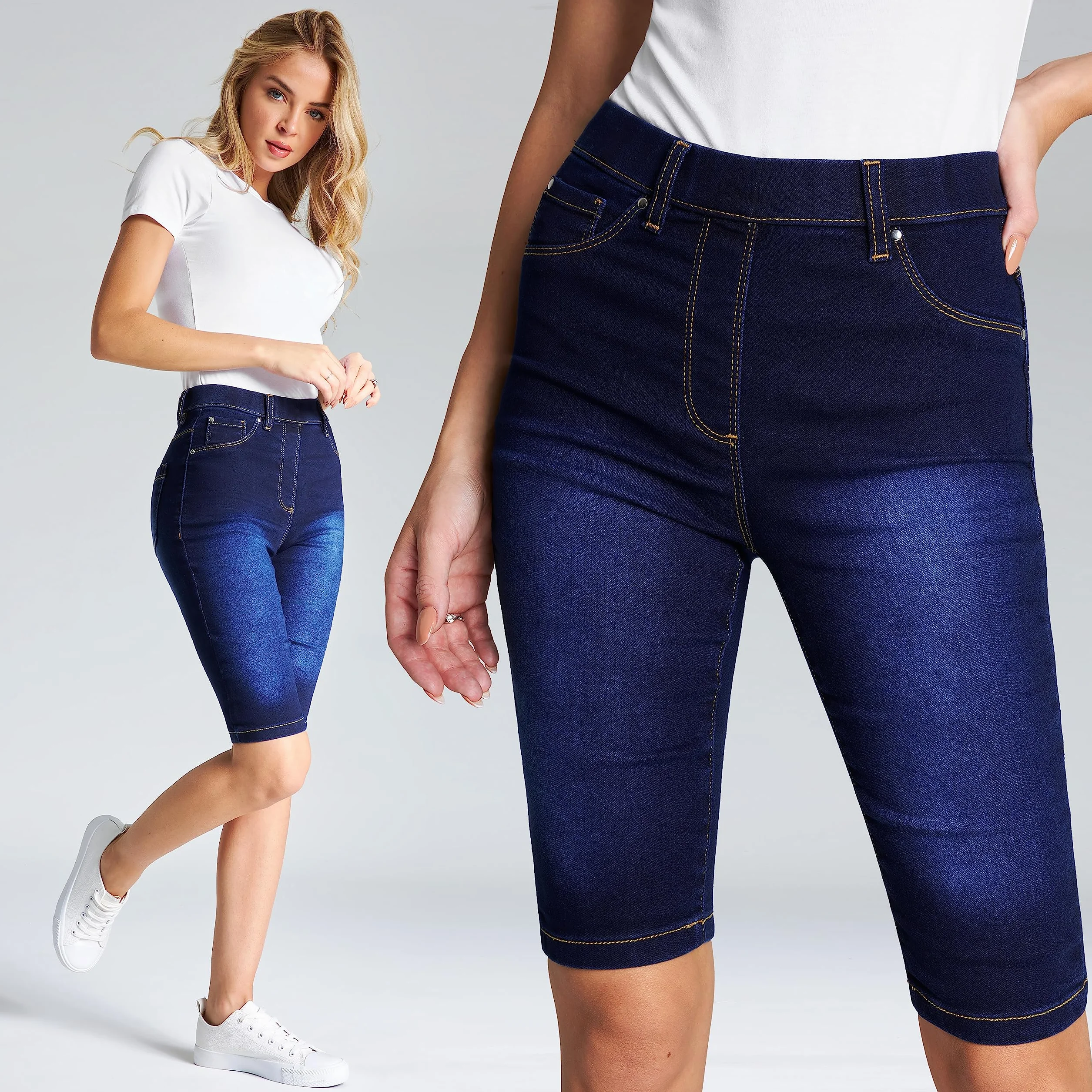 CityComfort Szorty Damskie nastolatki Letnie spodenki jeansowe Jegging dla kobiet Spodenki do kolan Wakacyjny, 8-20 Elastyczne spodenki do kolan z wysokim stanem Elastyczny pas (ciemnoniebieski, 16)