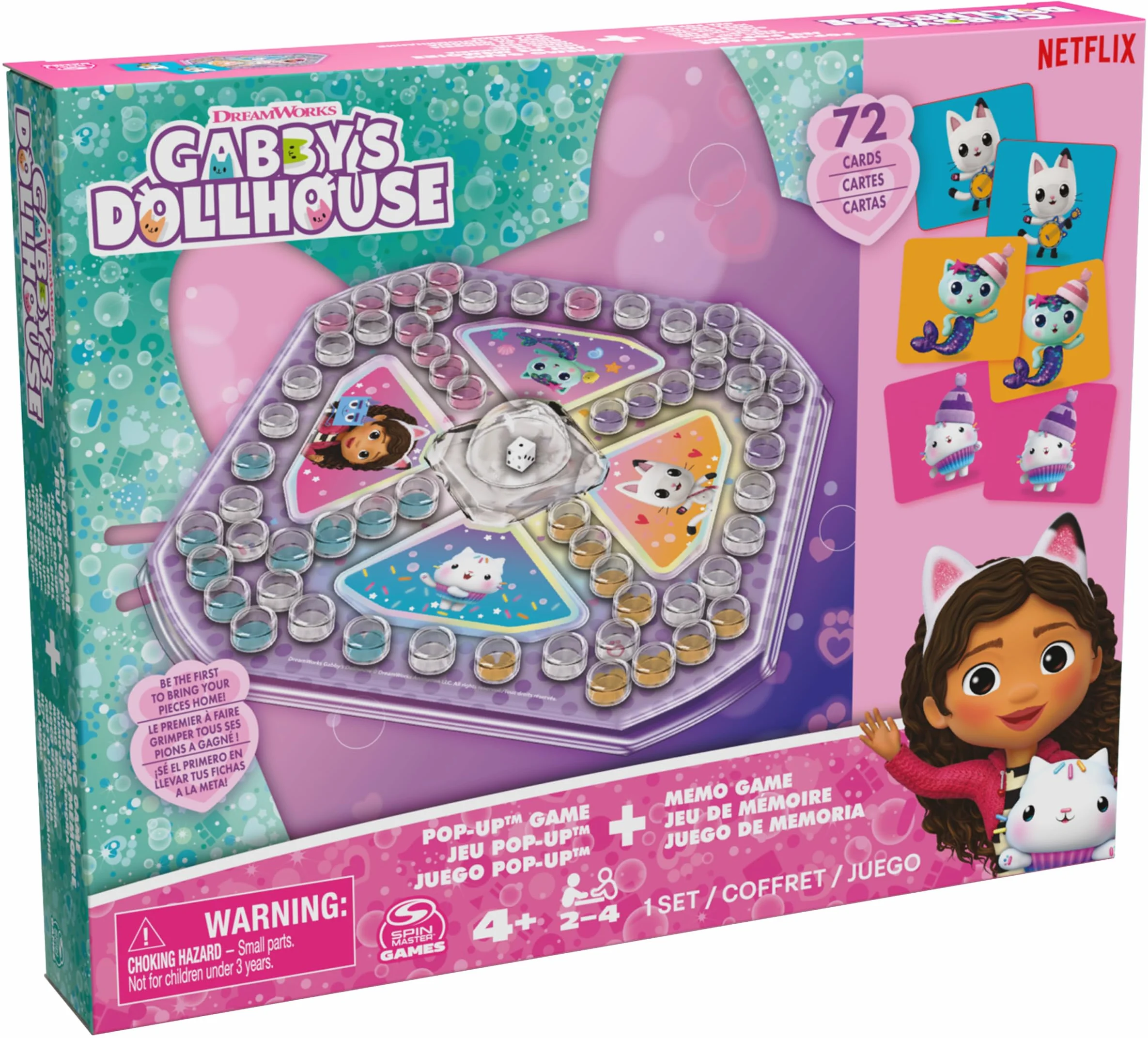 Gabby's Dollhouse Sorry Pop Up i Memo gra – dwie klasyczne gry w jednym zestawie, Sorry (Pachisi) z kostką pop-up i 72 kartami memo z popularnymi postaciami Gabby, od 4 lat, dla 2-4 graczy