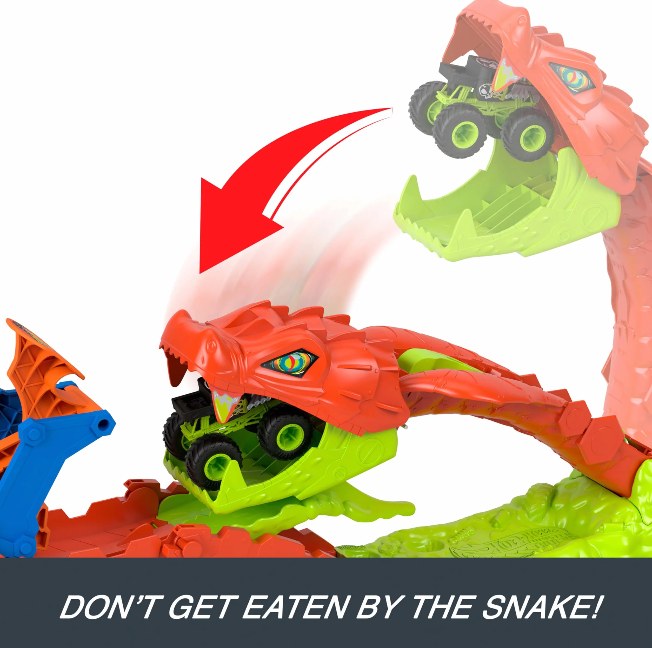 Hot Wheels Monster Trucks Mega skok – Nokaut węża Zestaw, pojazd zabawka auto Bone Shaker w skali 1:64, tor wyścigowy, zabawka dla dzieci 4+, JJN44