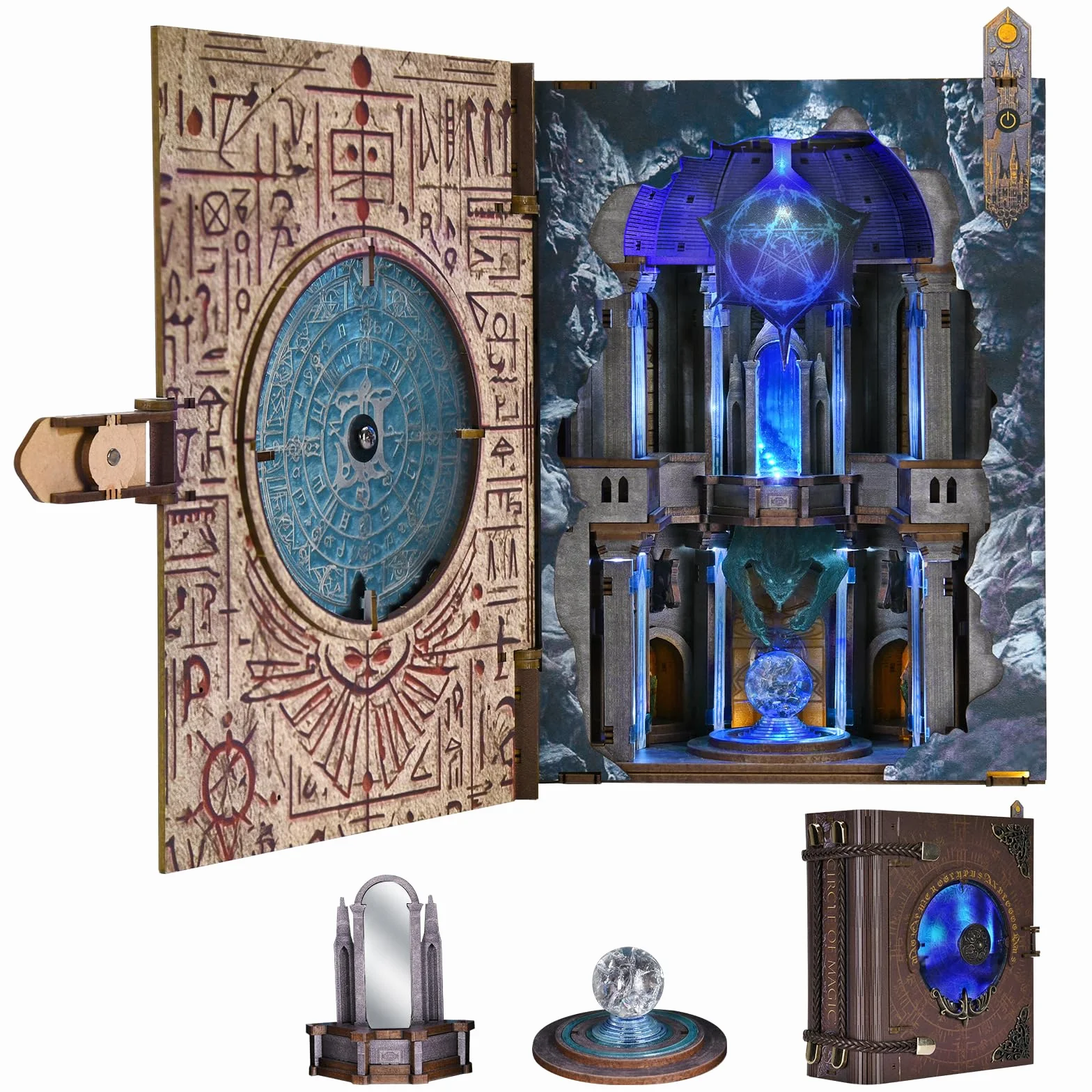 MiniCity Zestaw do budowy zakamarku książkowego dla dorosłych, puzzle z drewna DIY, miniaturowy dom 3D, dom lalek - podpórka do regału, dekoracja z oświetleniem LED, kreatywny prezent dla miłośników