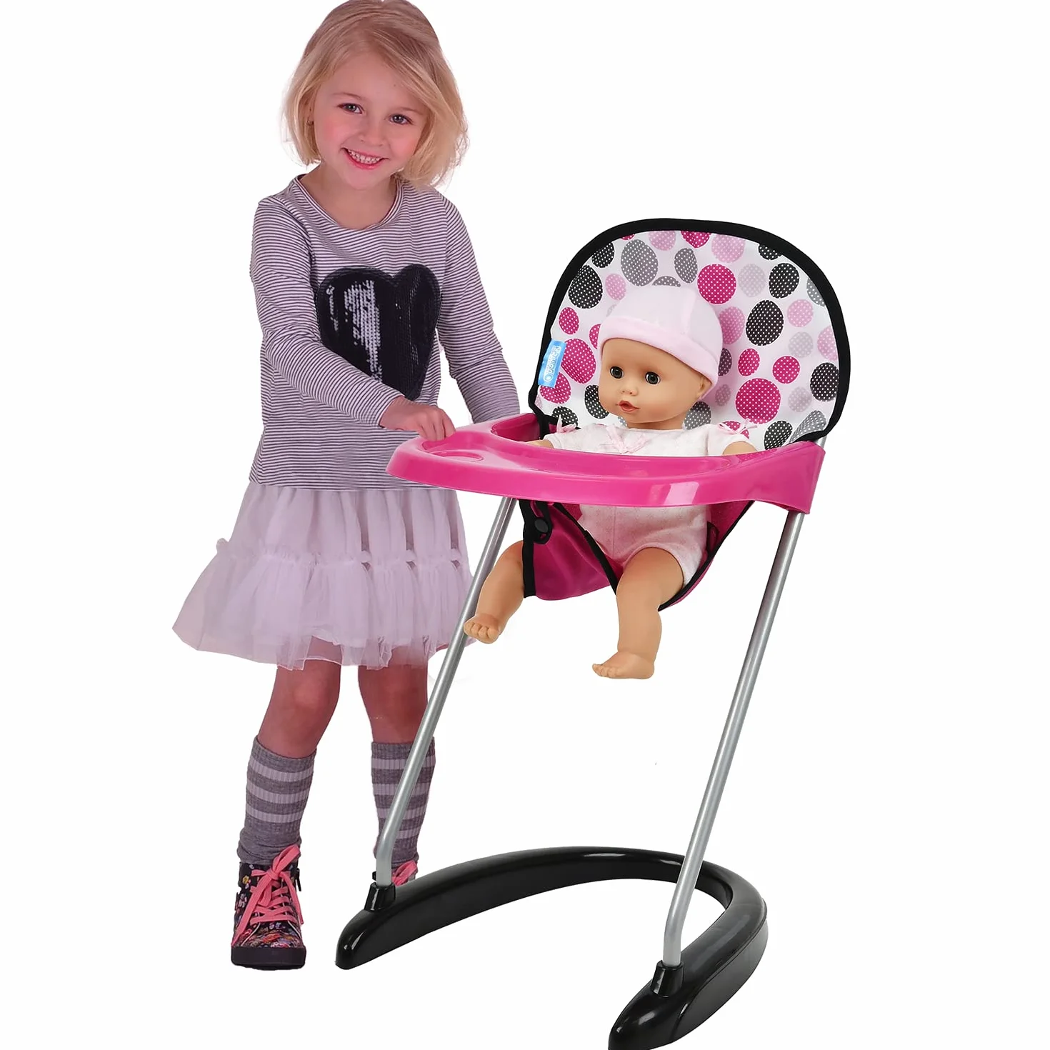 Hauck wysokie krzesełko dla lalek, z tacą do posiłku, dla lalek do 43 cm, Pink Dots, Różowe Punkty